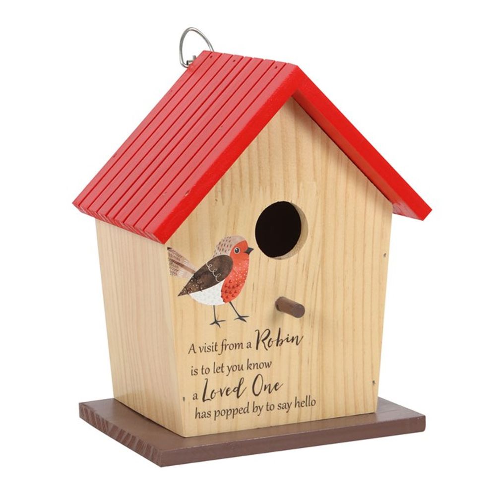 The Garden Robin Bamboo Bird House, with a red roof and robin illustration, makes a perfect heartfelt gift. Featuring the text: "A visit from a Robin is to let you know a Loved One has popped by to say hello," this charming garden accessory is both meaningful and delightful.
