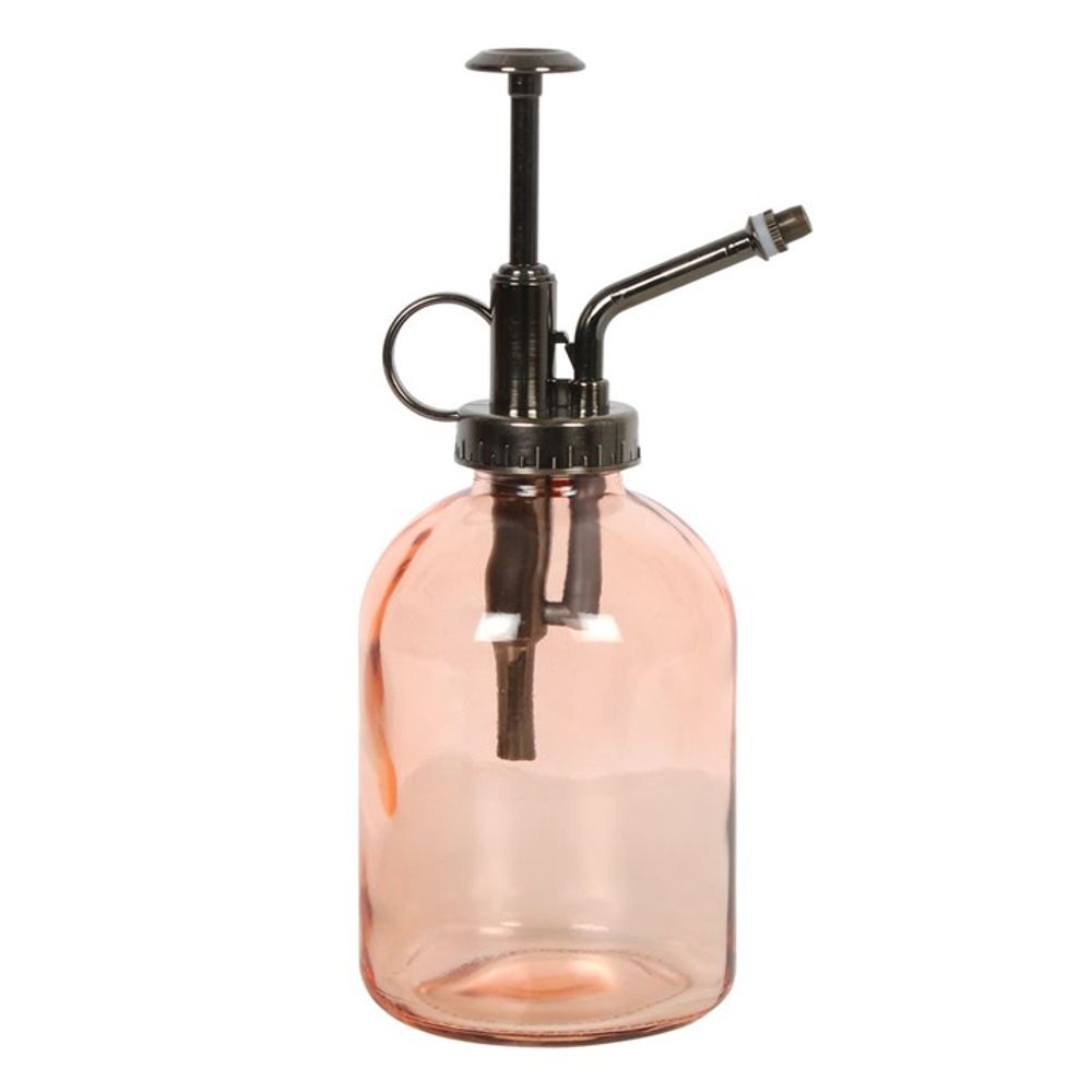 The Pink Minimalist Glass Plant Mister, featuring a vintage-style pink glass design with a black metal top, pump, and nozzle, makes the perfect home accessory. Its classic round body with a side handle ensures easy spraying for any indoor garden enthusiast.