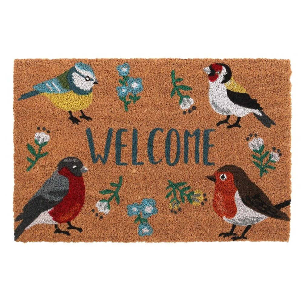 The Natural British Garden Birds Doormat features a brown base with "WELCOME" in blue, highlighted by four vibrant birds and scattered clusters of blue flowers and green leaves, creating a charming entranceway accent.