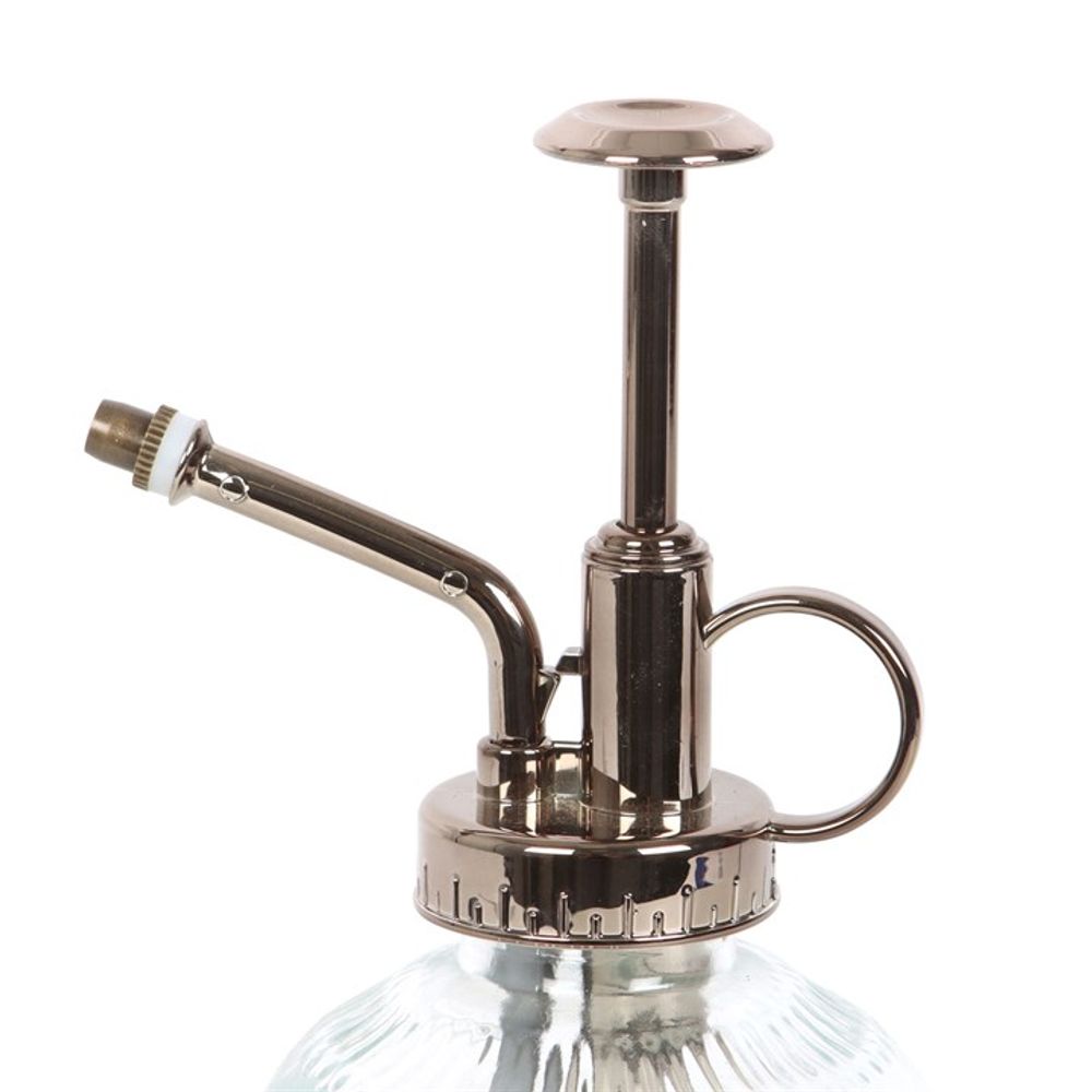 The Small Patterned Glass Plant Mister showcases a clear vintage-style base and a shiny metal pump, ideal for nurturing indoor plants. It includes a curved nozzle and a side round handle for easy spraying.