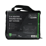 A black carrying case with a transparent front contains the Premium Small (2-4 seater) Round Patio Set Cover from Ascot Garden Furniture Covers, measuring 160cm in diameter and 80cm in height. The front label showcases features such as outdoor furniture protection, UV protection, guaranteed endurance, and a 5-year warranty.