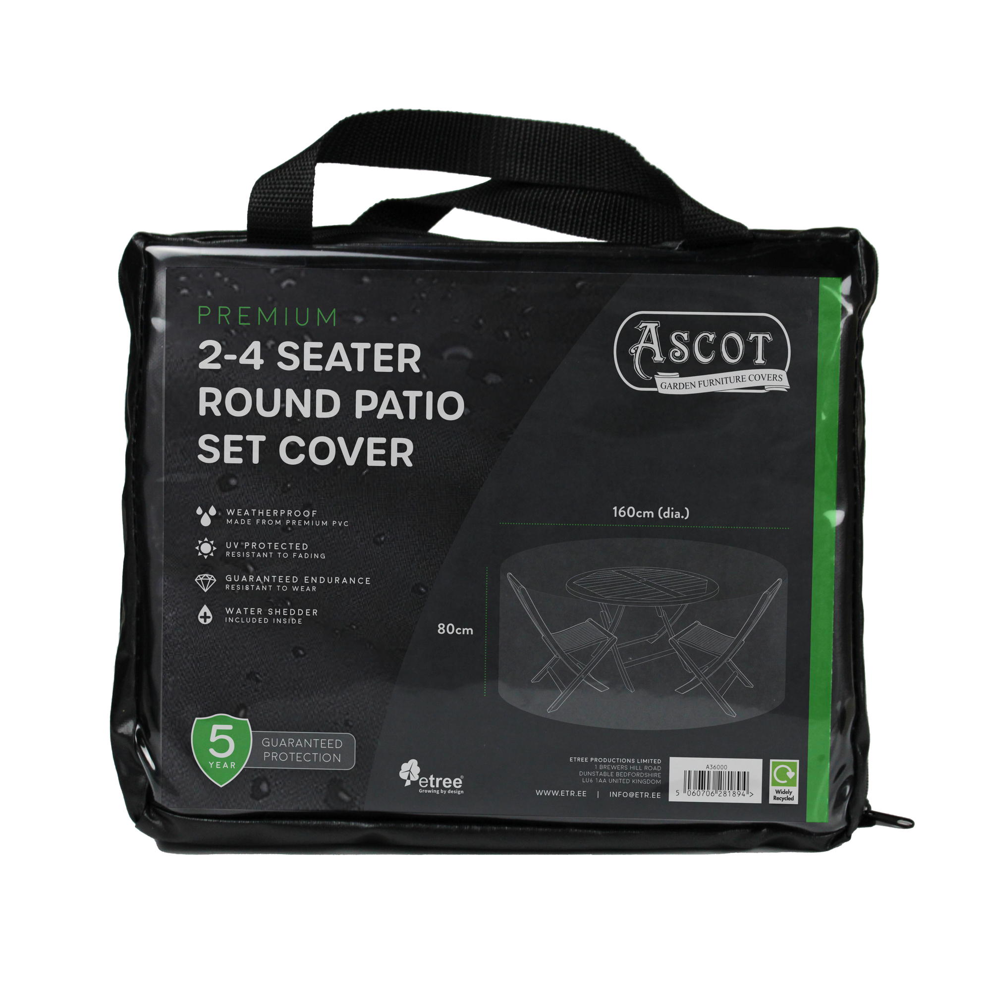 A black carrying case with a transparent front contains the Premium Small (2-4 seater) Round Patio Set Cover from Ascot Garden Furniture Covers, measuring 160cm in diameter and 80cm in height. The front label showcases features such as outdoor furniture protection, UV protection, guaranteed endurance, and a 5-year warranty.