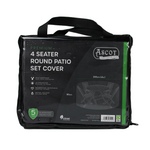 A packaged Premium 4 Seater Round Patio Set Cover, measuring 200cm in diameter and 80cm in height, comes in a black bag with a handle. This garden furniture cover from Ascot features waterproof protection, UV protection, and weather endurance. A 5-year guarantee is included.