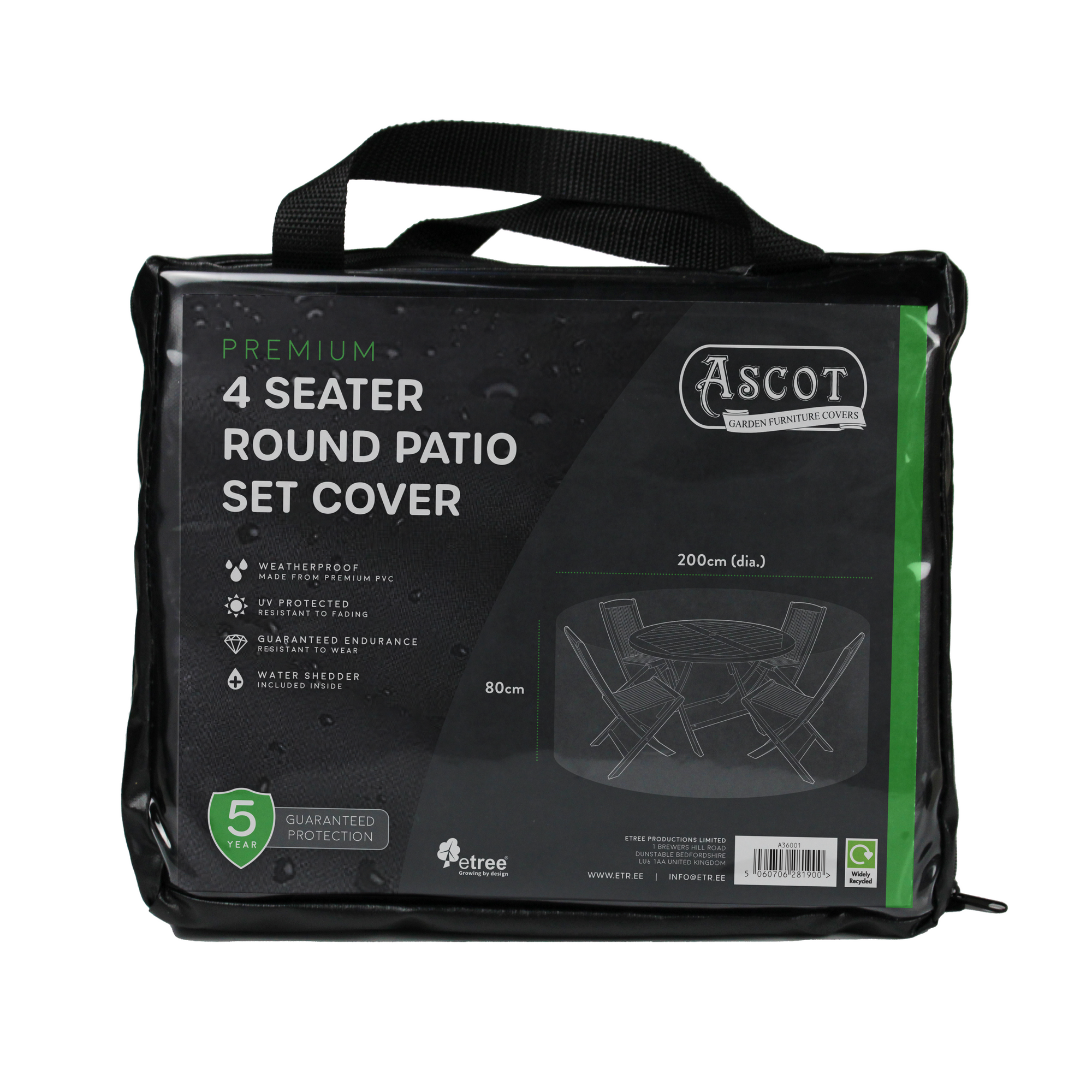 A packaged Premium 4 Seater Round Patio Set Cover, measuring 200cm in diameter and 80cm in height, comes in a black bag with a handle. This garden furniture cover from Ascot features waterproof protection, UV protection, and weather endurance. A 5-year guarantee is included.