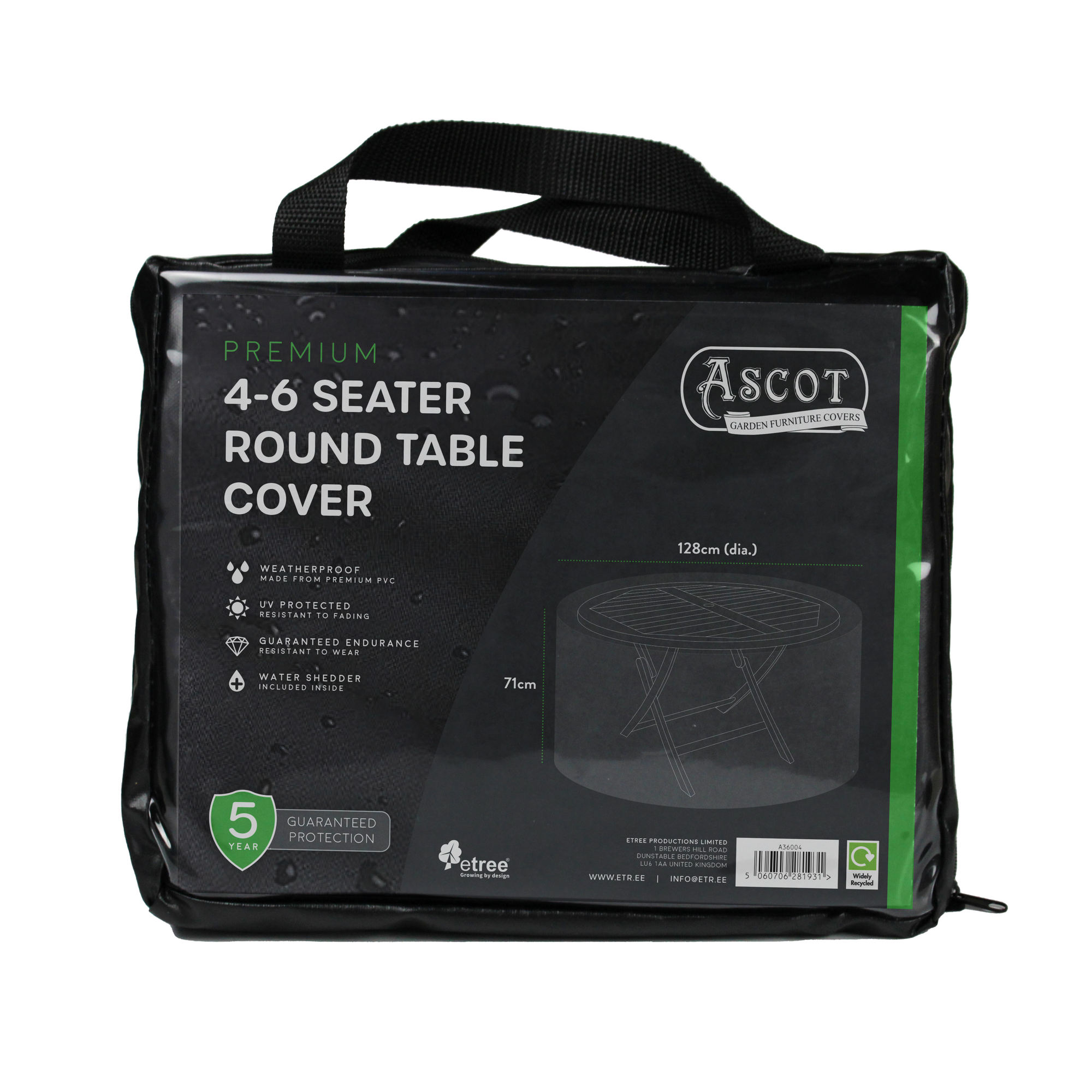 A black package holds the Premium 4-6 Seater Round table cover, designed with UV-protected PVC for exceptional outdoor durability. It features icons signifying waterproof protection and weather resistance. With dimensions of 128 cm in diameter and 71 cm in height, it includes a reassuring 5-year guarantee.