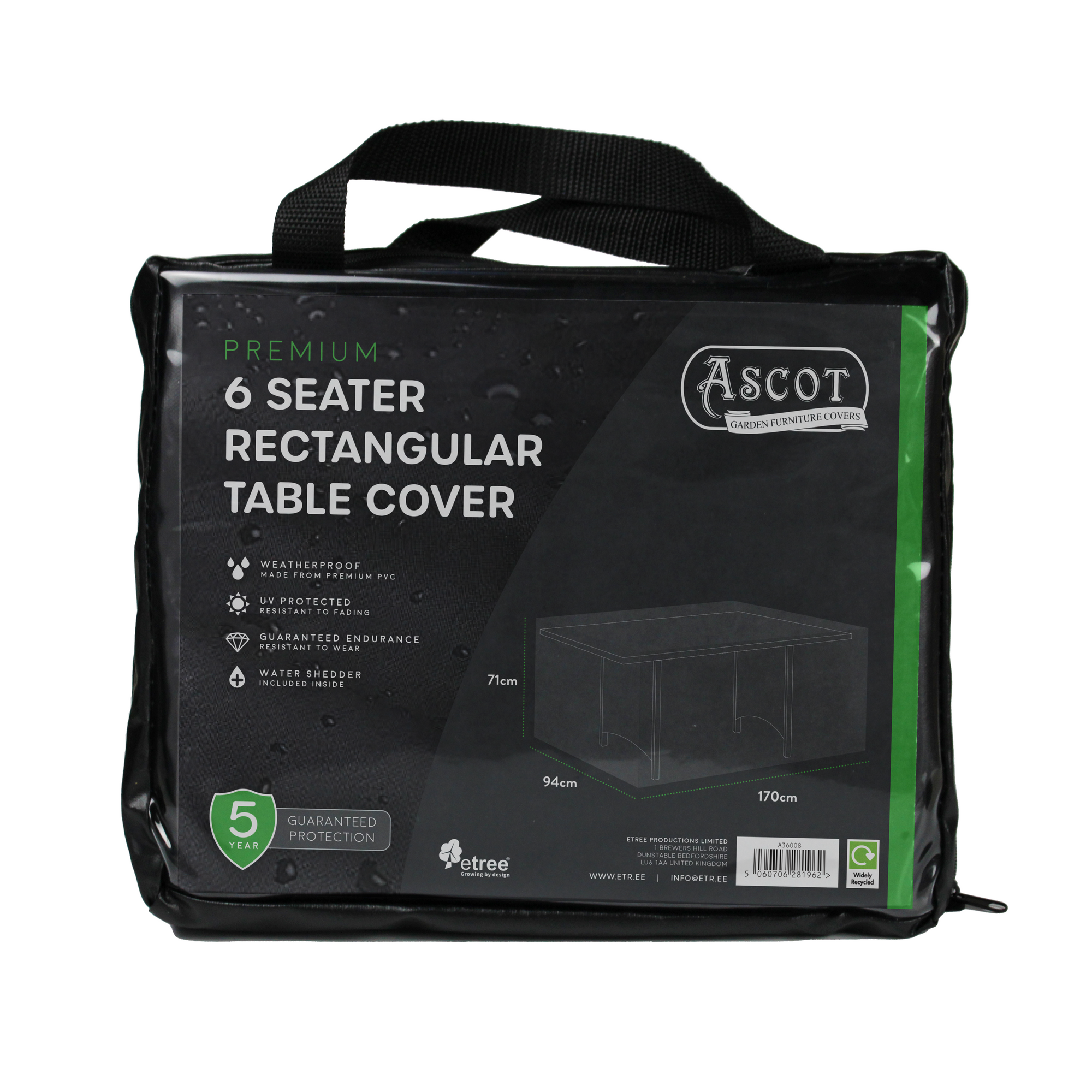 The Premium Rectangular 6 Seater Table Cover, measuring 170cm x 94cm x 71cm, comes in black with a handle. It offers durable waterproof and UV-protected PVC protection and includes a 5-year guarantee.
