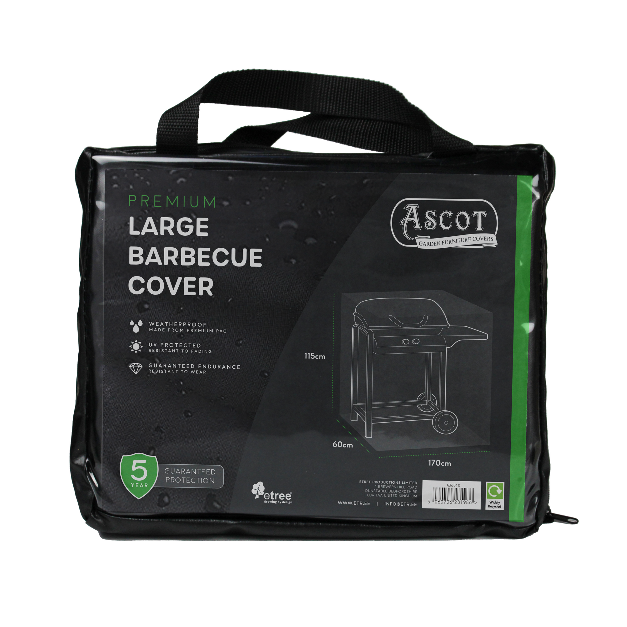 A black package contains the Premium Large Barbecue Cover with dimensions of 170 x 60 x 115 cm, offering outdoor furniture protection. The packaging includes branding, a green waterproof covers label with a 5-year guarantee, and top carrying handles.