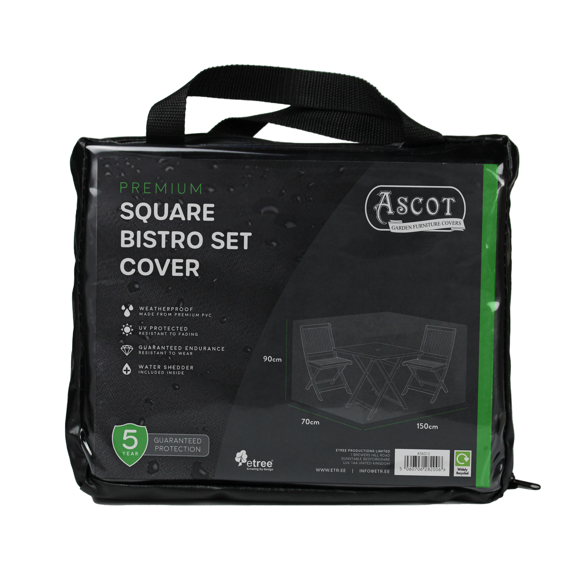 A black package with a handle contains a Premium Square Bistro Set Cover (150 x 70 x 90 cm). This outdoor cover offers UV-protected, waterproof PVC protection and comes with a 5-year guarantee, as shown on the packaging.