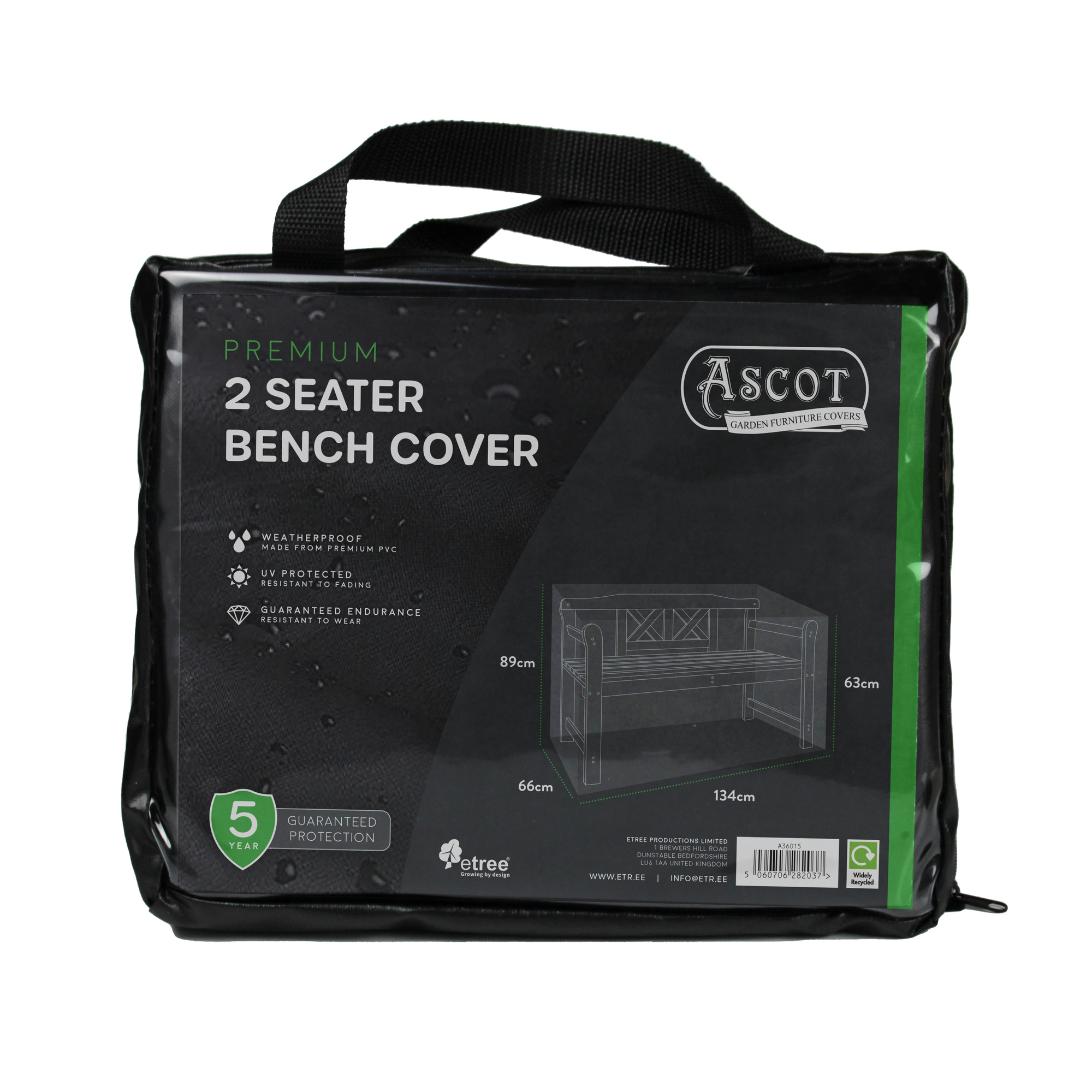 The image shows the Premium 4ft 2-Seater Bench Cover by Ascot, designed for outdoor protection. It features black packaging with a transparent section showcasing its waterproof and UV-resistant cover. Dimensions are 134x66x63/89cm (H) and it includes a 5-year guarantee.