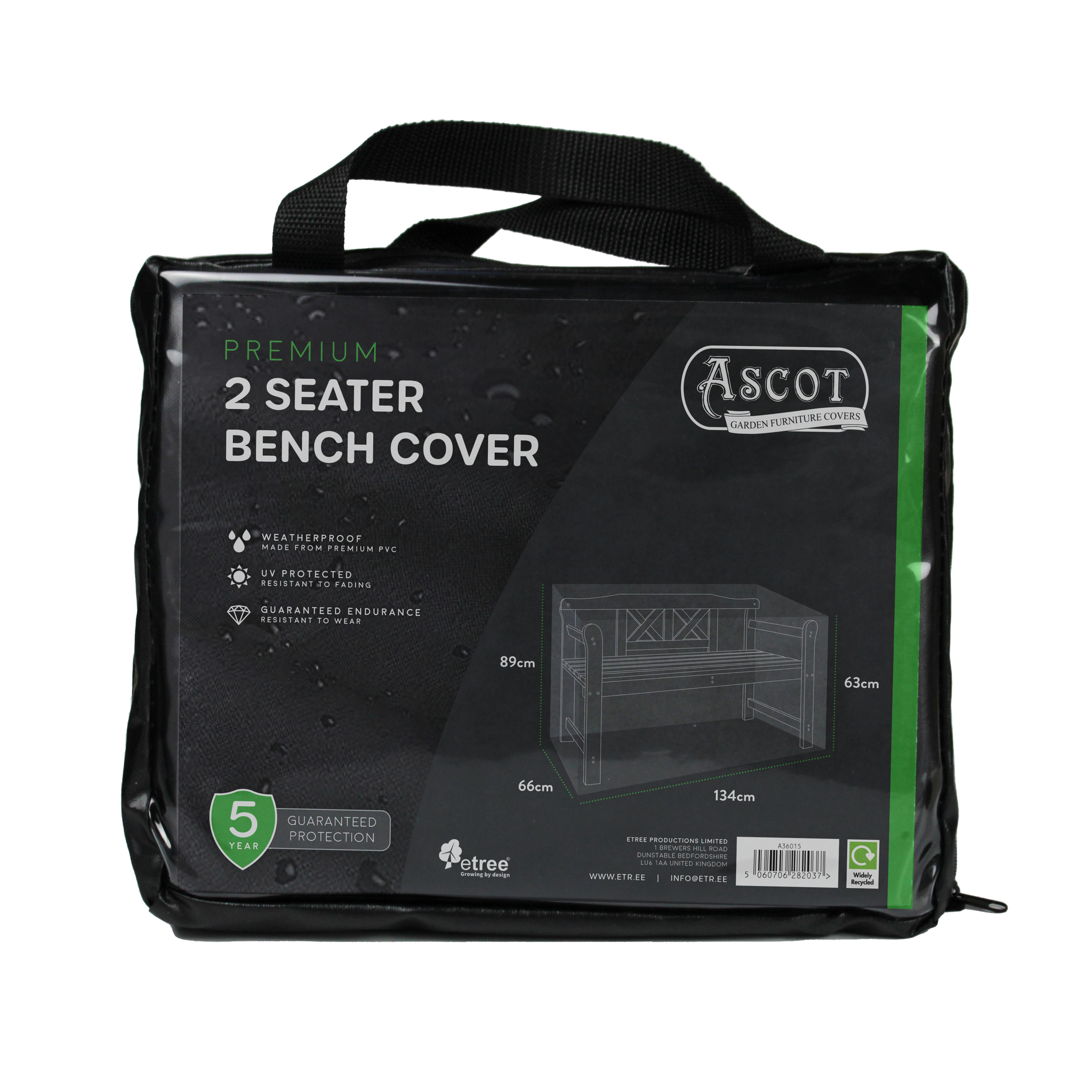 The image shows the Premium 4ft 2-Seater Bench Cover by Ascot, designed for outdoor protection. It features black packaging with a transparent section showcasing its waterproof and UV-resistant cover. Dimensions are 134x66x63/89cm (H) and it includes a 5-year guarantee.
