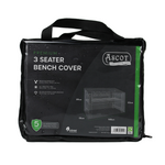 A black carrying case holds an Ascot Premium 1.5m (5ft) 3 Seater Bench Cover, offering waterproof and UV-protected PVC for outdoor furniture, with a 5-year guarantee. Dimensions: 89h x 66w x 160d cm. Image of a bench covered included.