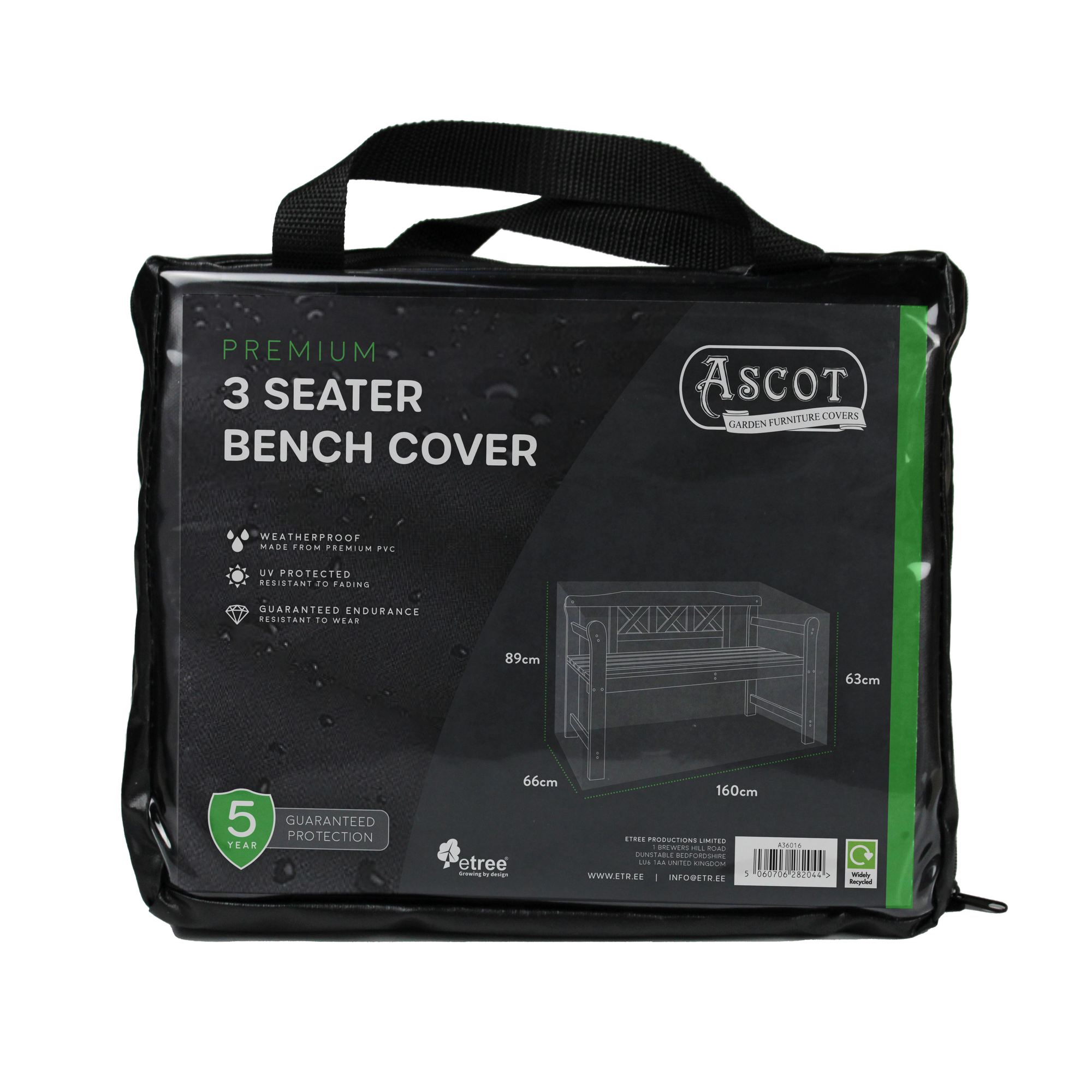 A black carrying case holds an Ascot Premium 1.5m (5ft) 3 Seater Bench Cover, offering waterproof and UV-protected PVC for outdoor furniture, with a 5-year guarantee. Dimensions: 89h x 66w x 160d cm. Image of a bench covered included.