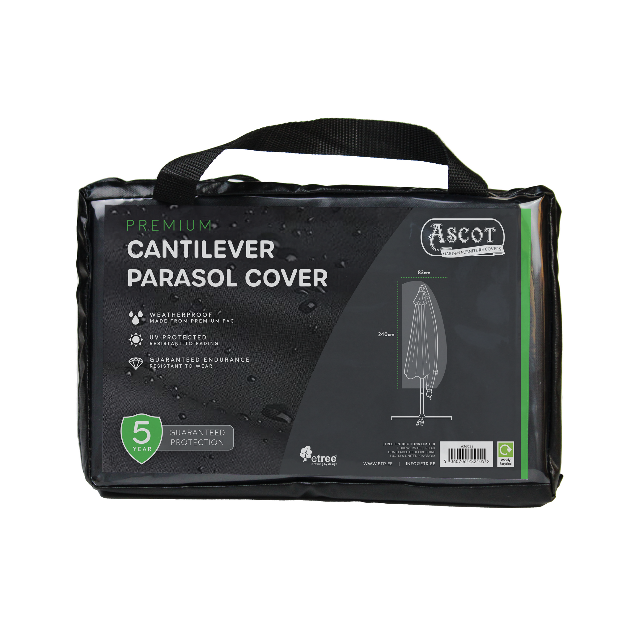 The Premium Cantilever Parasol Cover (83W x 240H cm, black) packaging features weatherproof and UV-protected PVC details, a 5-year guarantee, a design diagram, and prominently displays the "Ascot" brand name. It includes a sturdy black handle for easy carrying.