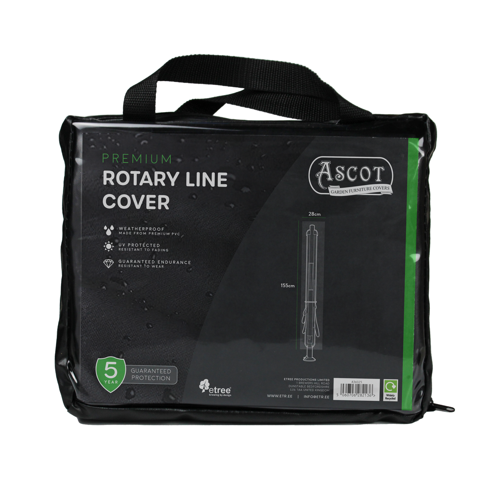 The Premium Rotary Line Cover in black features weatherproof, UV-protected PVC and a 5-year guarantee. It includes a graphic of the closed cover, dimensions 28cm (W) x 155cm (H), ideal for protecting outdoor furniture covers with waterproof protection.