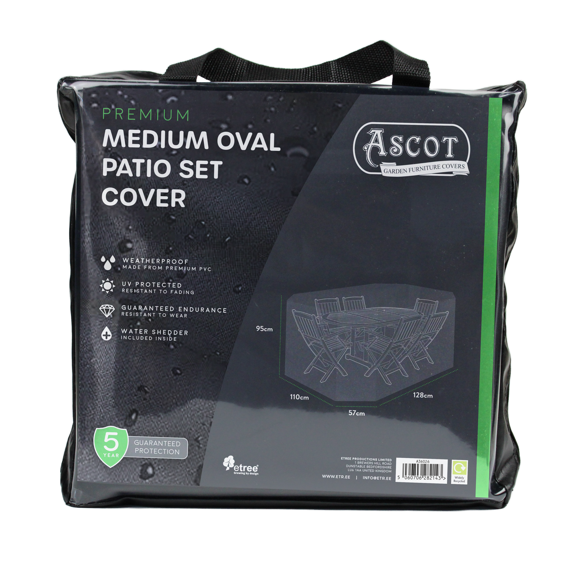 A black package featuring the Premium Patio Set Cover - Medium Oval, 208 x 191 x 95 cm, includes a handle and an image of covered furniture. It highlights waterproof protection, UV-protected PVC, and a five-year guarantee.
