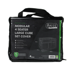 Ascot's Premium Modular 4 Seater Cube Set Cover (124 x 124 x 65 H) comes in a black carrying case with a handle. Packaging details include product dimensions and warranty information, featuring a diagram of the UV-protected PVC cover for waterproof protection.