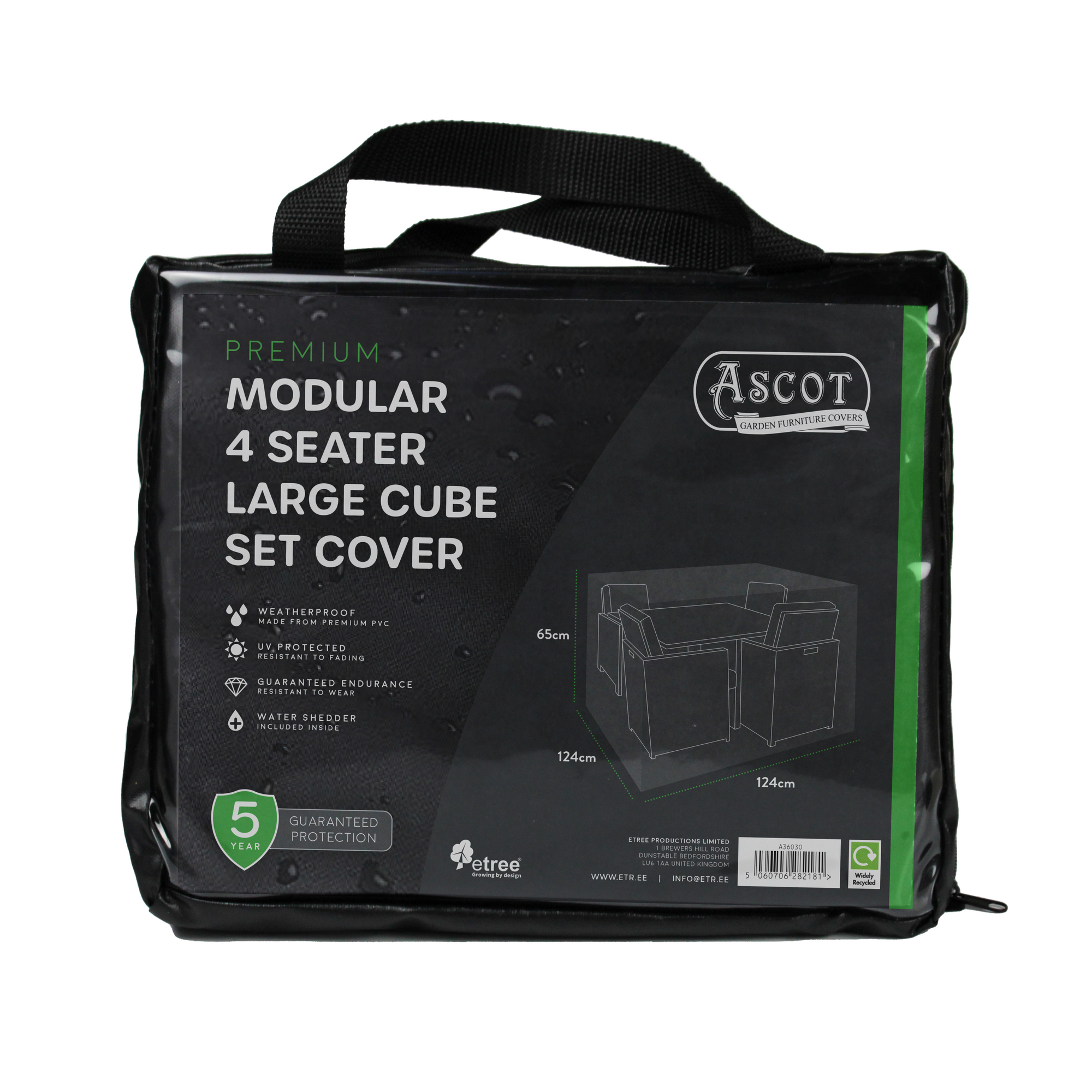 Ascot's Premium Modular 4 Seater Cube Set Cover (124 x 124 x 65 H) comes in a black carrying case with a handle. Packaging details include product dimensions and warranty information, featuring a diagram of the UV-protected PVC cover for waterproof protection.