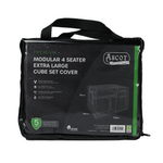 The Premium Modular 4 Seater Cube Set Cover XL (134 x 134 x 65 cm) in black is designed for outdoor furniture protection. It features a waterproof, UV-protected PVC material with a 5-year guarantee and comes with a convenient carrying handle.