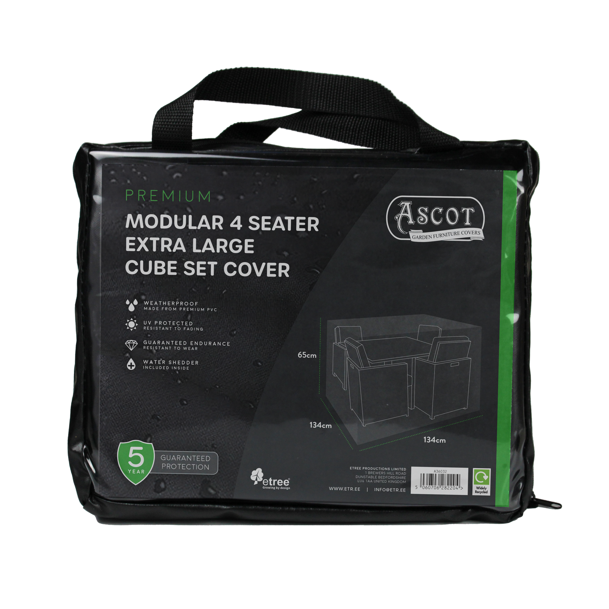 The Premium Modular 4 Seater Cube Set Cover XL (134 x 134 x 65 cm) in black is designed for outdoor furniture protection. It features a waterproof, UV-protected PVC material with a 5-year guarantee and comes with a convenient carrying handle.
