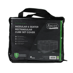 A black Premium Modular 6 Seater Rectangular Cube Set Cover (212 x 132 x 65 H) features a furniture illustration on its label, is waterproof, offers UV protection, and comes with a 5-year guarantee.