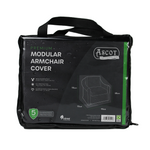 A black package contains the Premium Modular Armchair Cover - 93 X 93 X 68/90 H, featuring a clear front with dimensions. Made with UV-protected PVC, it provides excellent weatherproof and waterproof protection for outdoor furniture covers by Ascot.