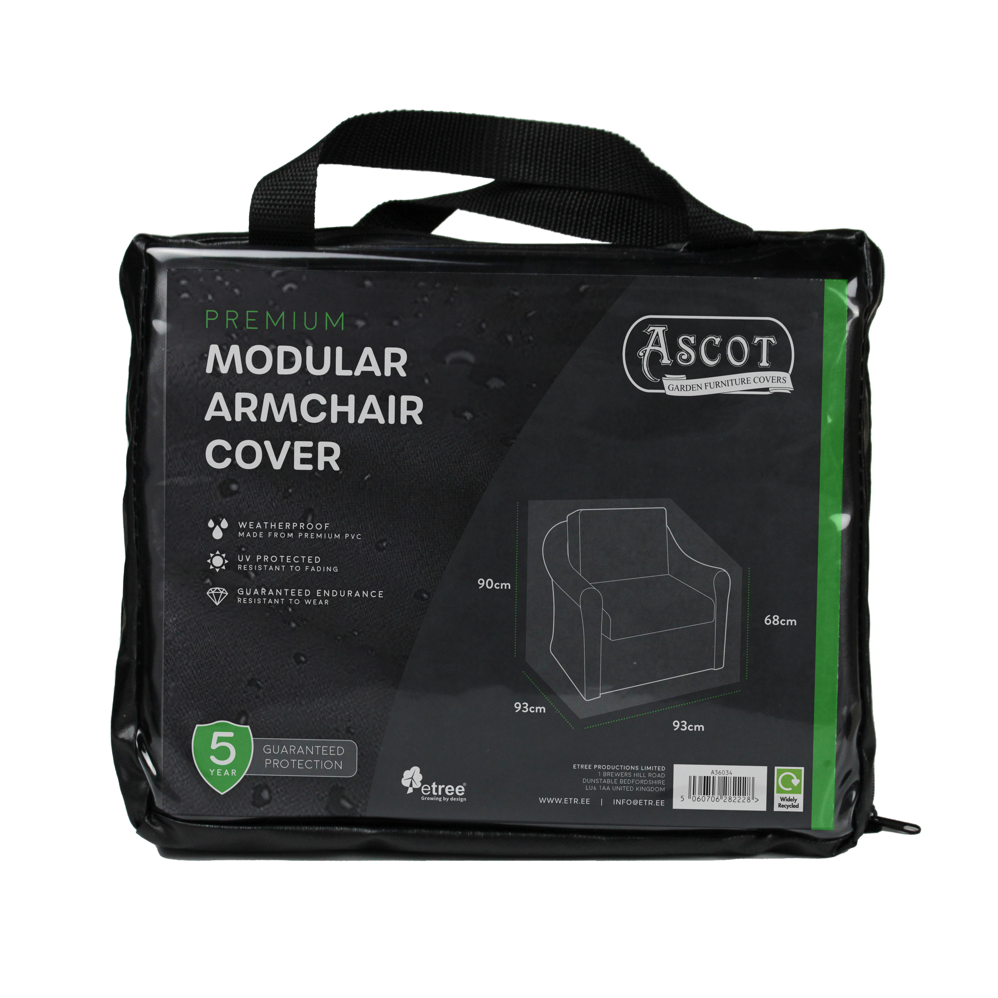 A black package contains the Premium Modular Armchair Cover - 93 X 93 X 68/90 H, featuring a clear front with dimensions. Made with UV-protected PVC, it provides excellent weatherproof and waterproof protection for outdoor furniture covers by Ascot.