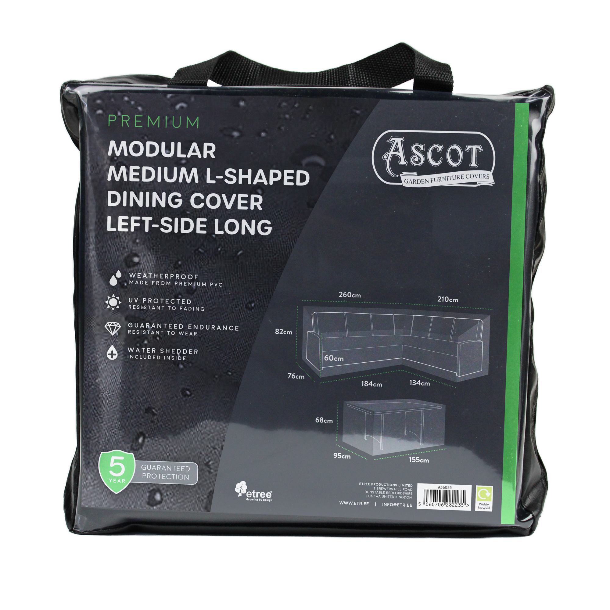 The "Premium Modular Medium L Shaped Dining Cover (left side long) - 260/184 X 210/134 X 76 (D) X 60/82 (H)" offers waterproof protection for outdoor furniture. Made with UV-protected PVC, it includes weatherproof icons, dimensions, and a black case with green accents. A 5-year guarantee is included.