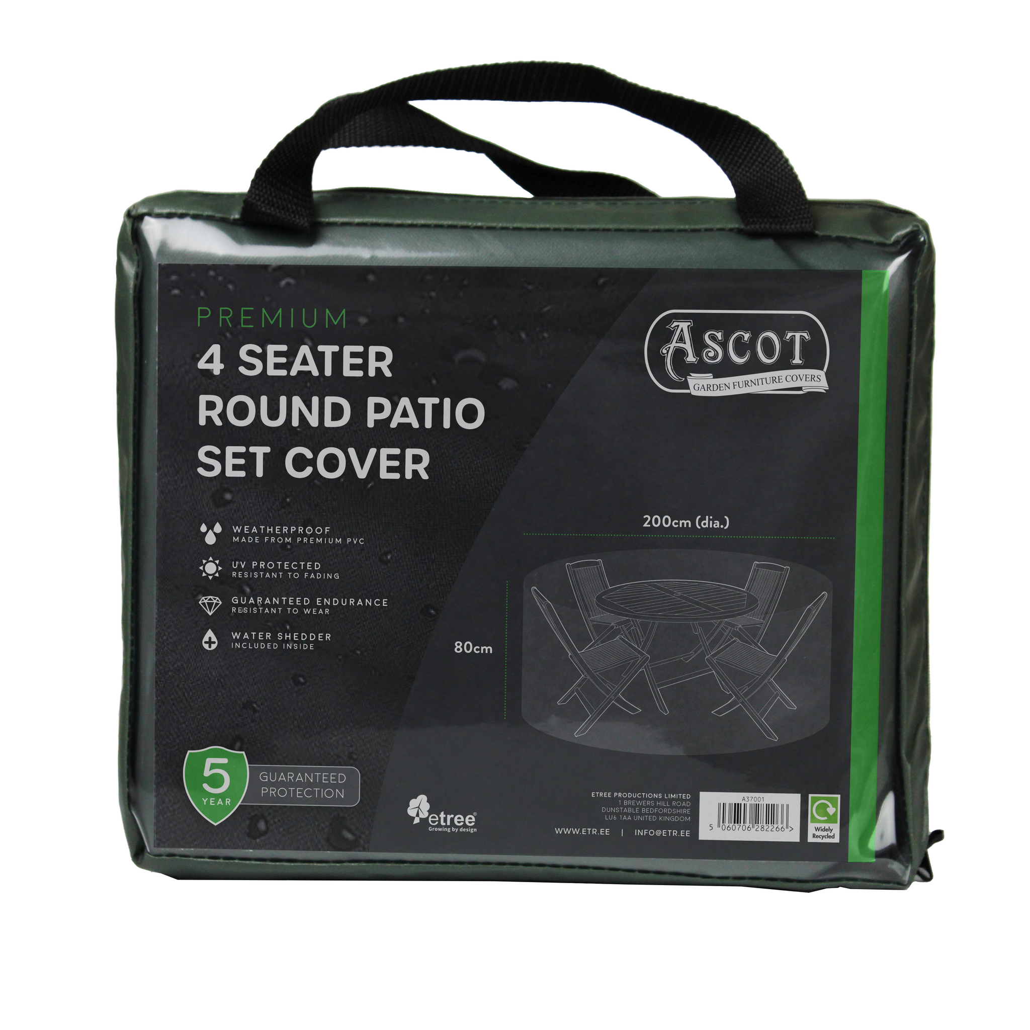 The Premium 4 Seater Round Patio Set Cover in green (200cm Dia. x 80cm H) offers waterproof, UV-protected PVC for lasting outdoor use. Comes in a zip-up bag with handles and product details, plus a 5-year guarantee.
