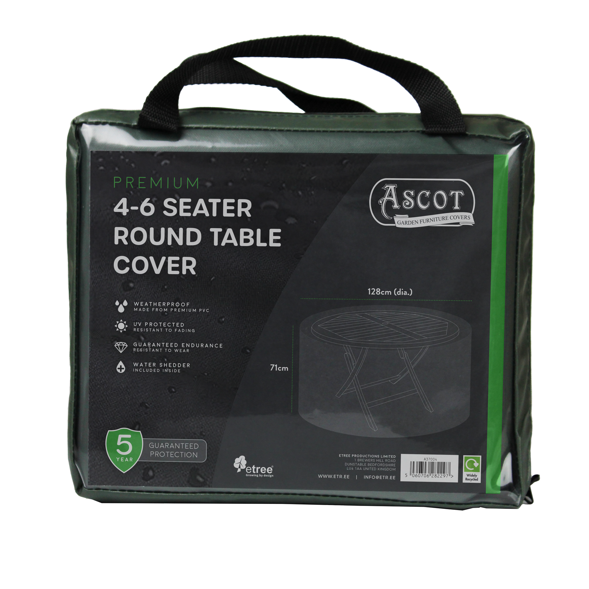 The Premium 4-6 Seater Round Table Cover, designed for round tables seating 4 to 6 people, features UV-protected PVC material for waterproof protection. With dimensions of 128 cm in diameter and 71 cm in height, its weatherproof design ensures durability and comes with a reassuring 5-year guarantee. Available in green.
