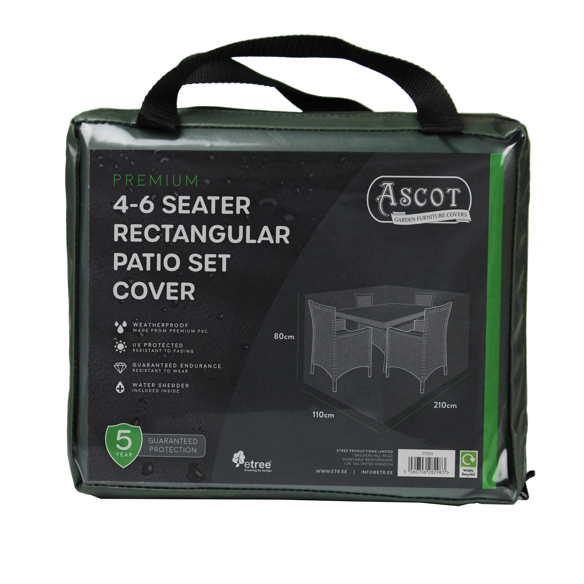 Packaged Premium Medium (4-6 seater) Rectangular Patio Set Cover, Green, 210x110x80cm with handle. Packaging highlights waterproof protection for garden furniture and features a 5-year guarantee badge.