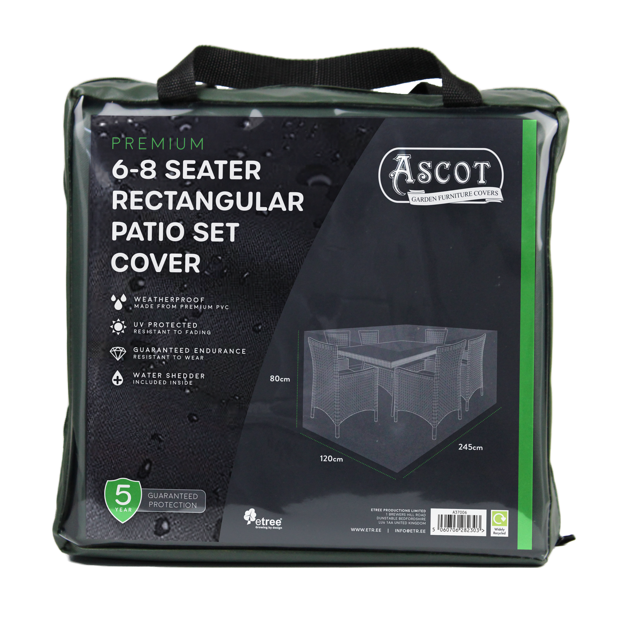 A zipped carrying case holds a green Premium Large (6-8 seater) Rectangular Patio Set Cover, 245 x 120 x 80(H) cm, with key product features and a line illustration of the covered garden furniture shown on the front.