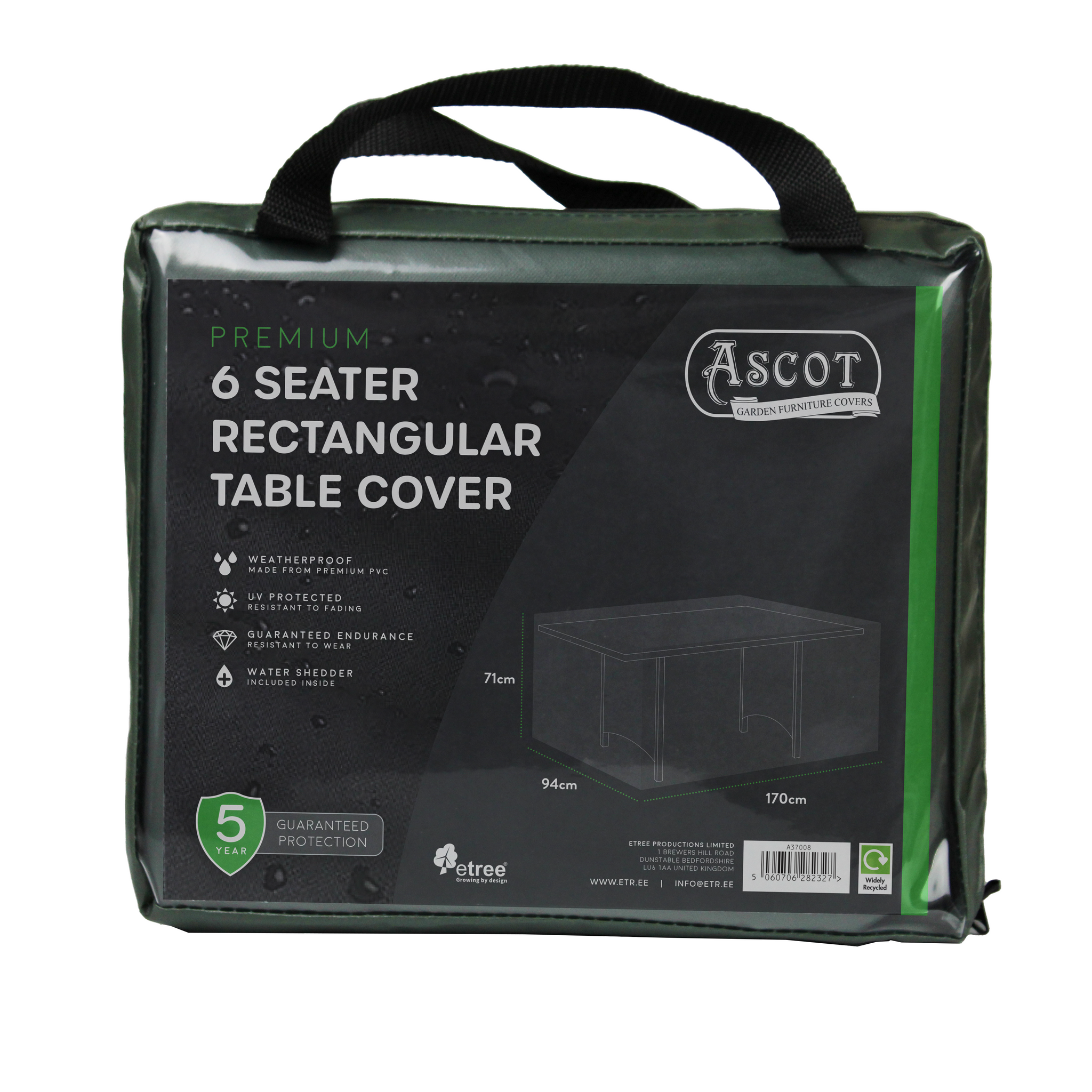 Discover the durable Premium Rectangular 6 Seater Table Cover, measuring 170 x 94 x 71 cm (H). Crafted in UV-protected green PVC, it is waterproof and tear-resistant. It includes a carrying handle and comes with a 5-year guarantee, perfect for protecting your outdoor furniture.