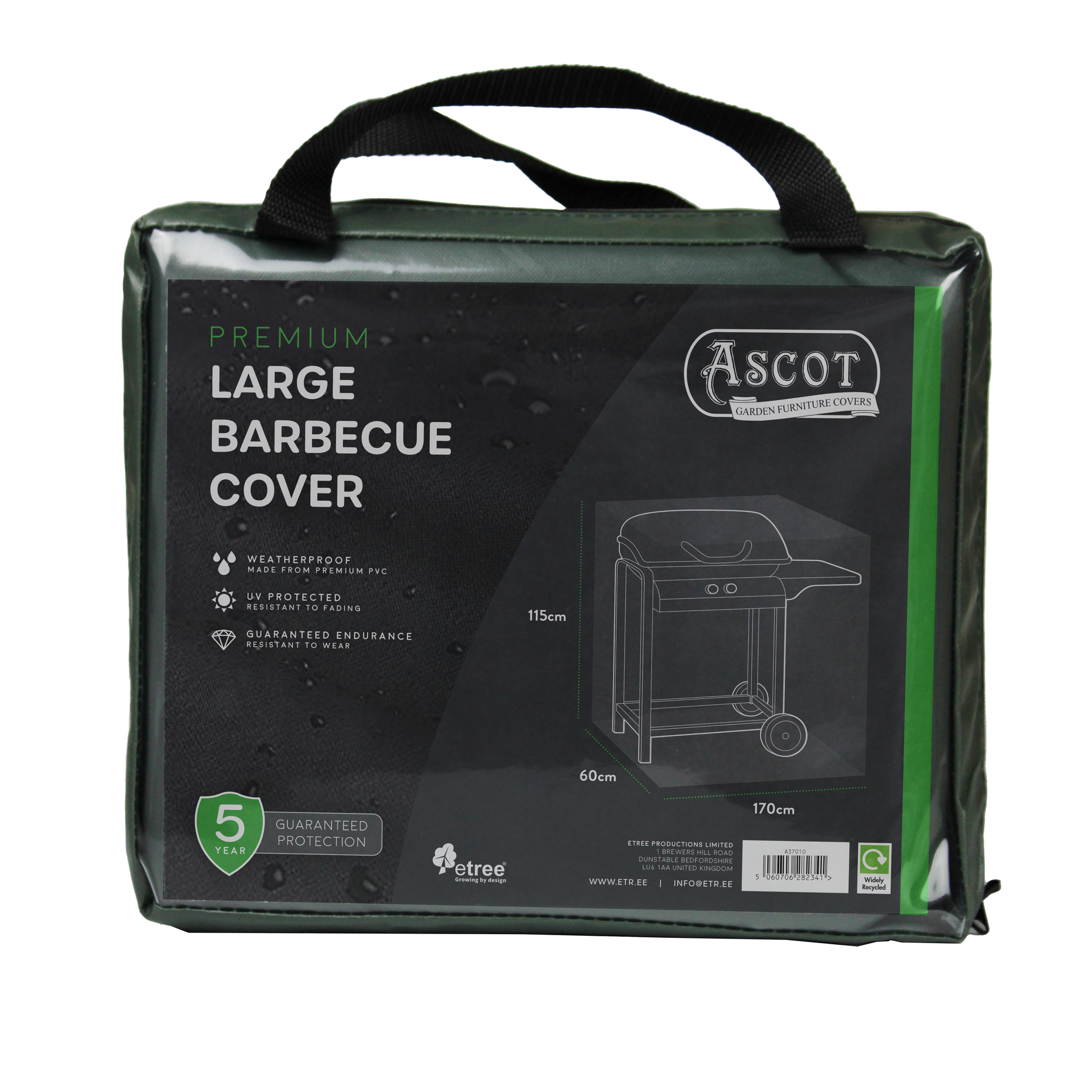 The Premium Large Barbecue Cover by Ascot, measuring 170 x 60 x 115 cm, is perfect for protecting outdoor furniture. It’s weatherproof and UV protected in a stylish green package with a handle and includes a 5-year guarantee label.