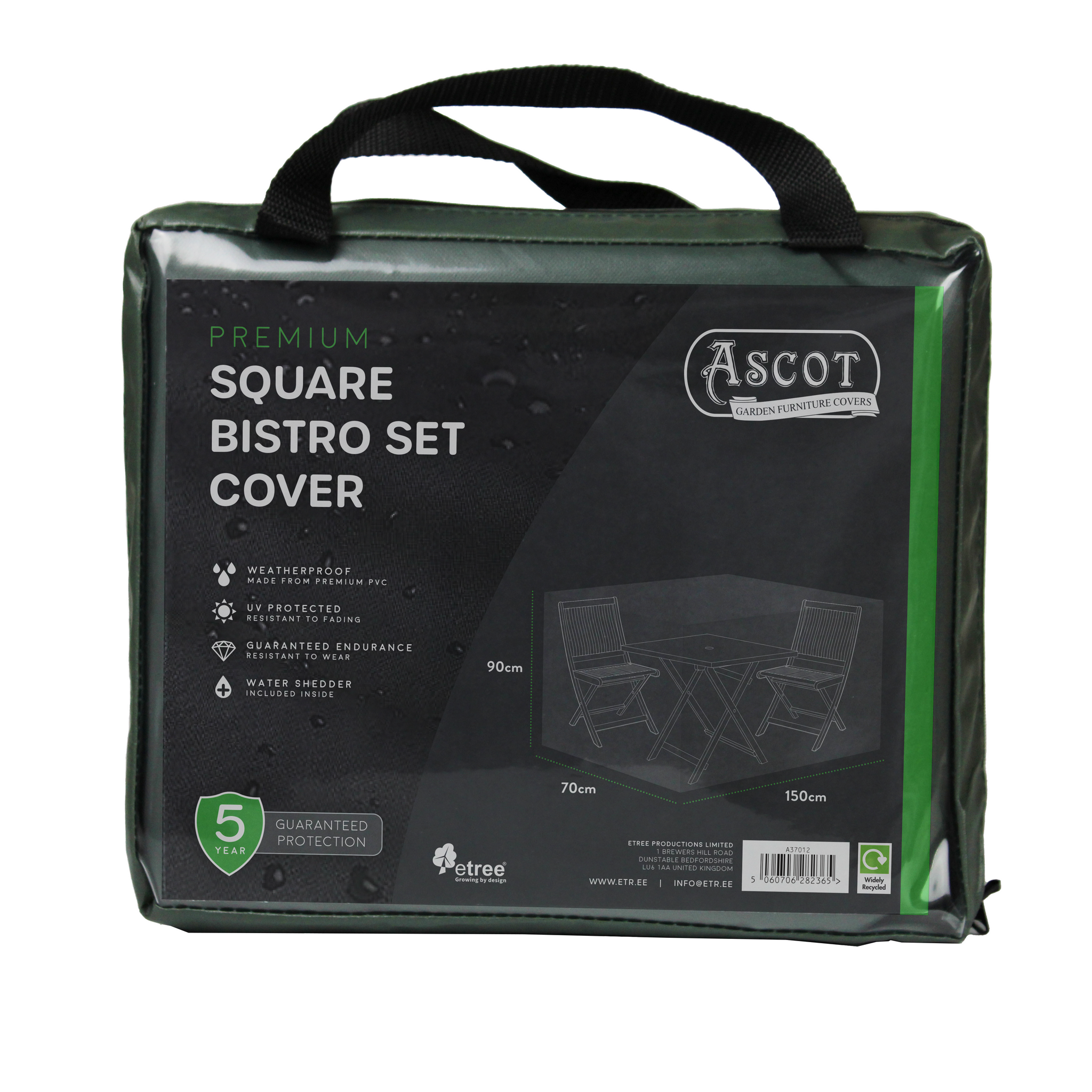 The Premium Square Bistro Set Cover (150 x 70 x 90 cm) in green features UV-protected waterproof PVC, a top carrying handle, and covers your table and chairs. Images show the covered furniture and key product features.