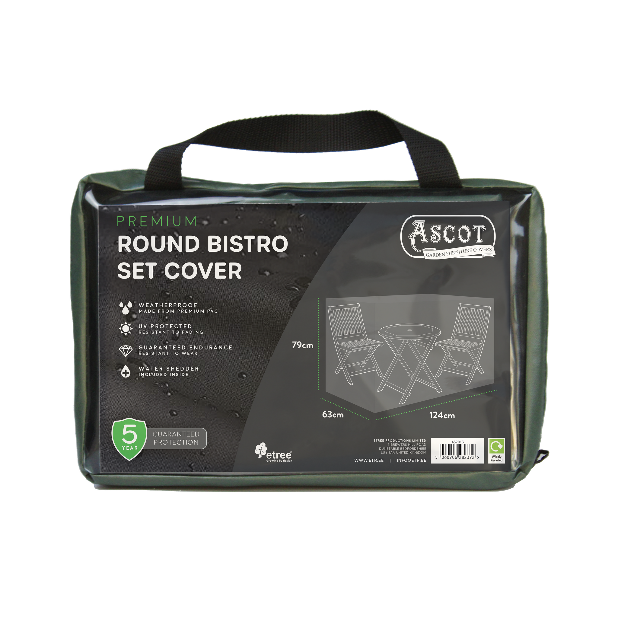 A packaged Premium Bistro Set Cover-Small (124x63x79cm) in green offers weatherproof outdoor furniture protection. The box features product details, dimensions, a sketch of two chairs and a table, plus a carrying handle.