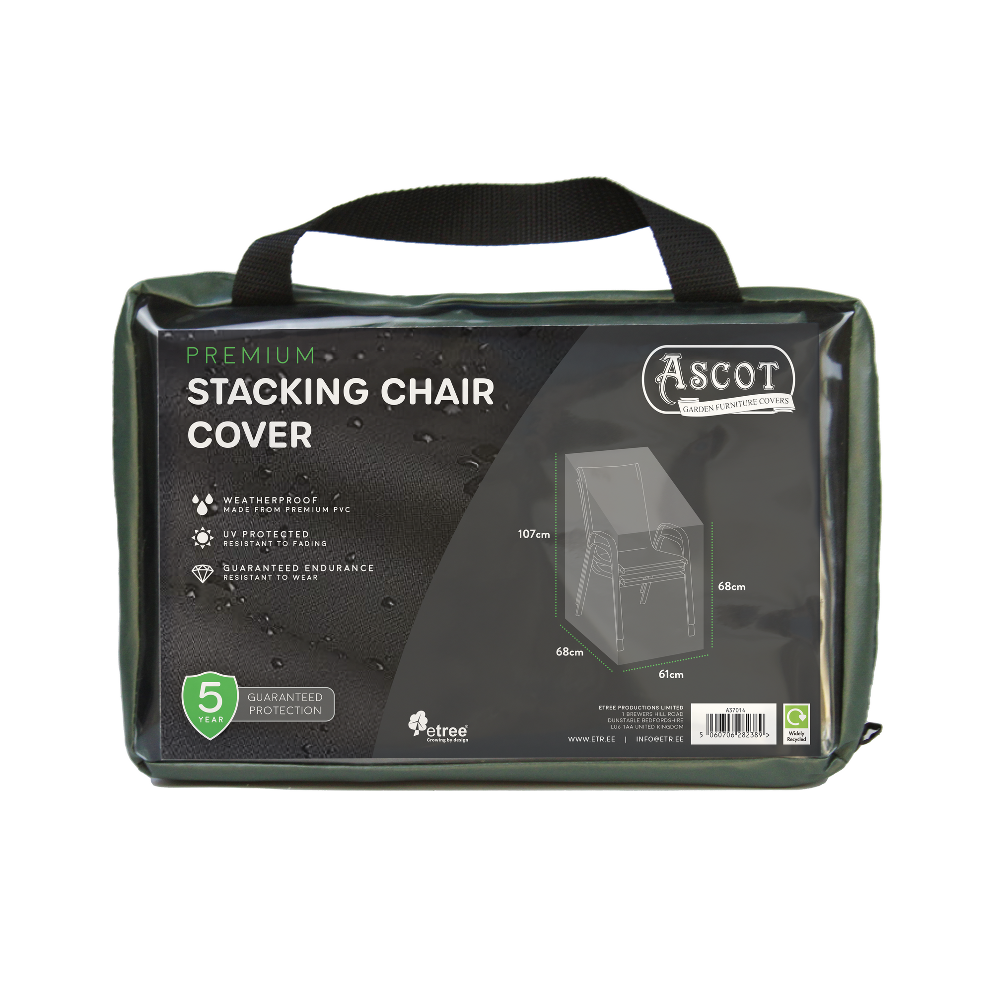 The Premium Stacking Chair Cover (61 x 68 x 68/107 cm) in green features a UV-protected PVC for outdoor use, a weatherproof label, a black handle, and comes with a five-year guarantee.