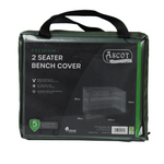 Packaging for Ascot's Premium 1.2m (4ft) 2 Seater Bench Cover in green highlights its dimensions (134x66x63/89 cm), features like waterproof protection, and UV-protected PVC material. An illustration of the outdoor furniture cover includes a convenient carrying handle.