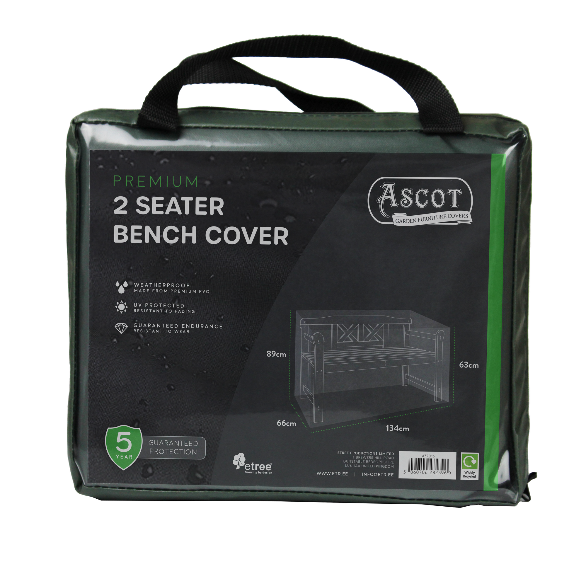 Packaging for Ascot's Premium 1.2m (4ft) 2 Seater Bench Cover in green highlights its dimensions (134x66x63/89 cm), features like waterproof protection, and UV-protected PVC material. An illustration of the outdoor furniture cover includes a convenient carrying handle.