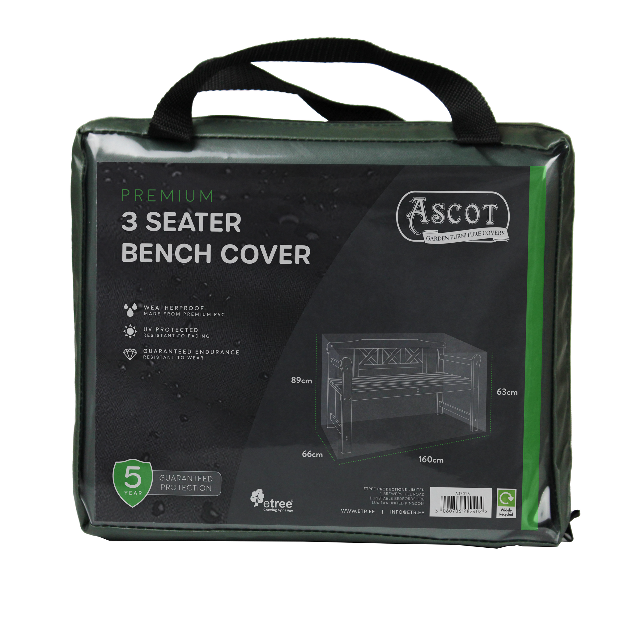 Ascot offers a green premium 1.5m 3-seater bench cover, ideal for outdoor use with UV-protected PVC and waterproof features. It comes with a 5-year guarantee and includes a detailed diagram showing dimensions: 89cm high, 160cm wide, and 66cm deep.
