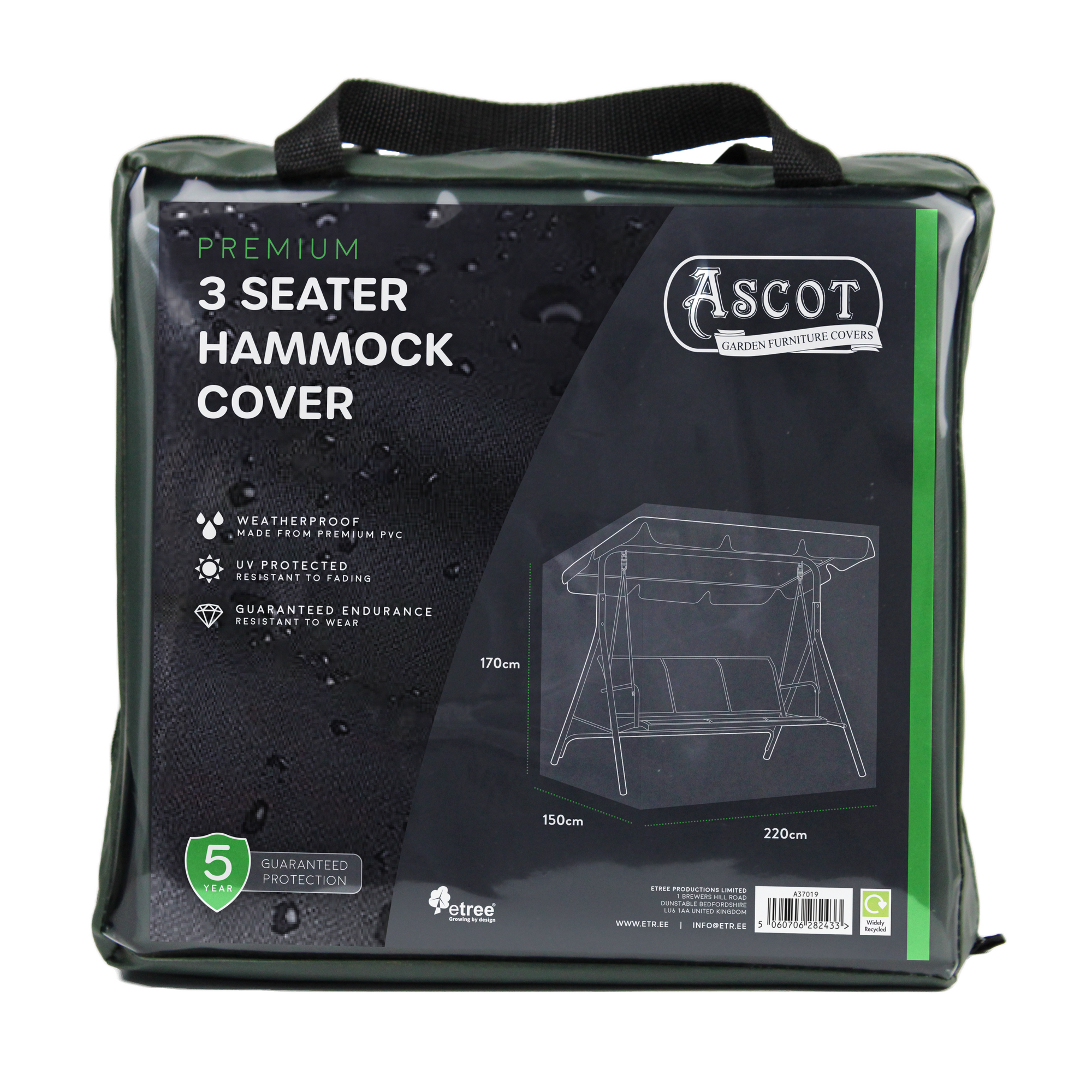 Ascot's "Premium 3 Seater Hammock Cover" in green is showcased on the packaging, featuring durable UV-protected waterproof PVC. Ideal for outdoor furniture, it measures 220cm x 150cm x 170cm (H) and includes a 5-year guarantee.
