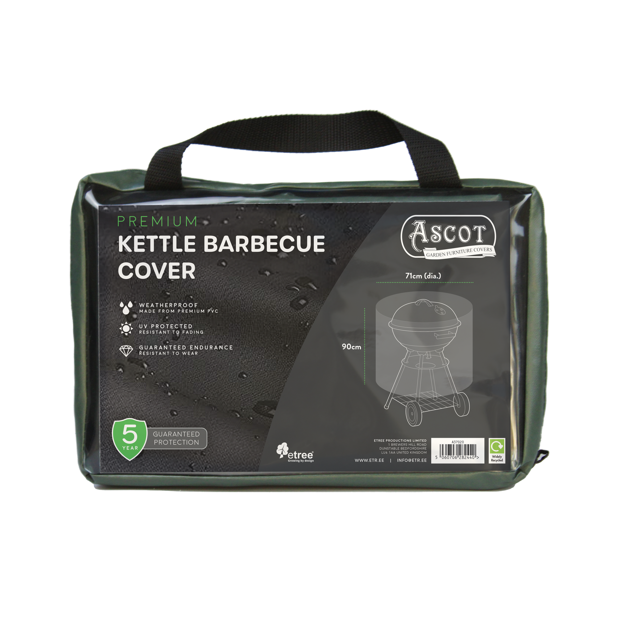 The Premium Kettle Barbecue Cover (71 Dia. x 90 H cm) boasts a UV-protected PVC design with a green background and BBQ sketch, offering waterproof protection and durability. Top handles ensure easy transport, making it ideal for outdoor furniture covers.