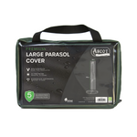 A green, transparent rectangular package reveals the "Premium Giant Parasol Cover," designed to be weatherproof and UV protecting. The black label emphasizes outdoor furniture protection with UV-protected PVC. A convenient carrying handle is on top. Dimensions: 35(W) x 190(H) cm.