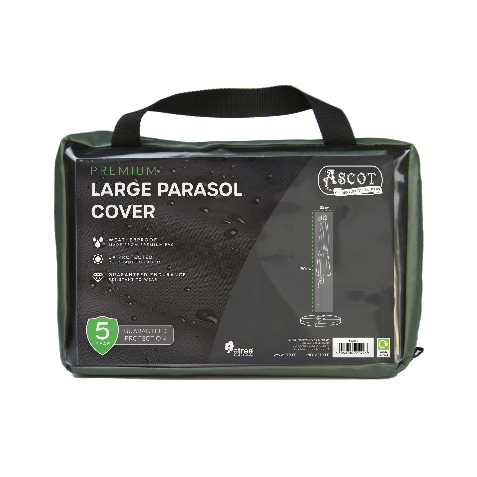 A green, transparent rectangular package reveals the "Premium Giant Parasol Cover," designed to be weatherproof and UV protecting. The black label emphasizes outdoor furniture protection with UV-protected PVC. A convenient carrying handle is on top. Dimensions: 35(W) x 190(H) cm.