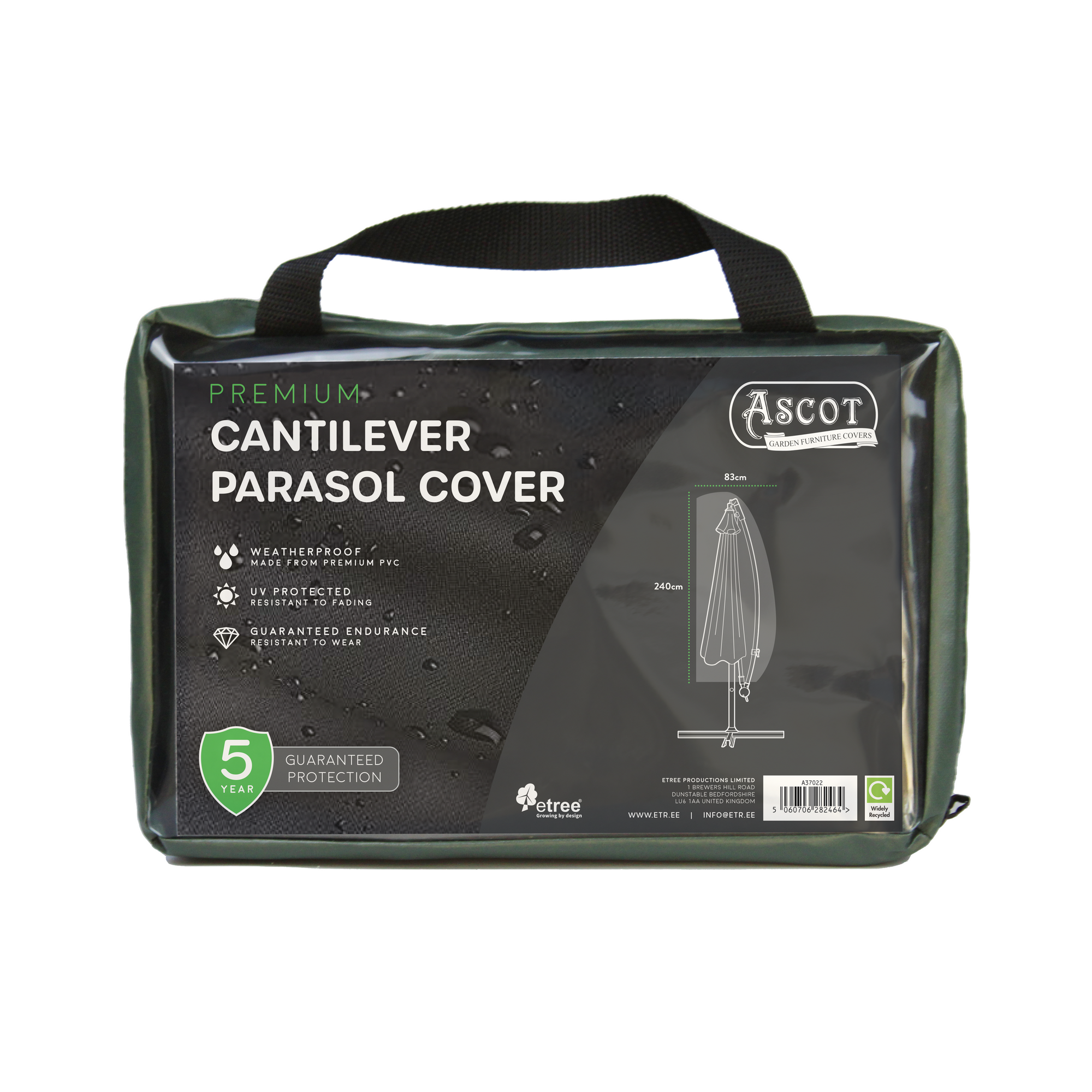 The packaging for Ascot's Premium Cantilever Parasol Cover, featuring a 5-year guarantee, is made from UV-protected PVC to ensure weatherproof and waterproof protection. It measures 83cm wide by 240cm high and includes a convenient top handle. The cover is available in green.