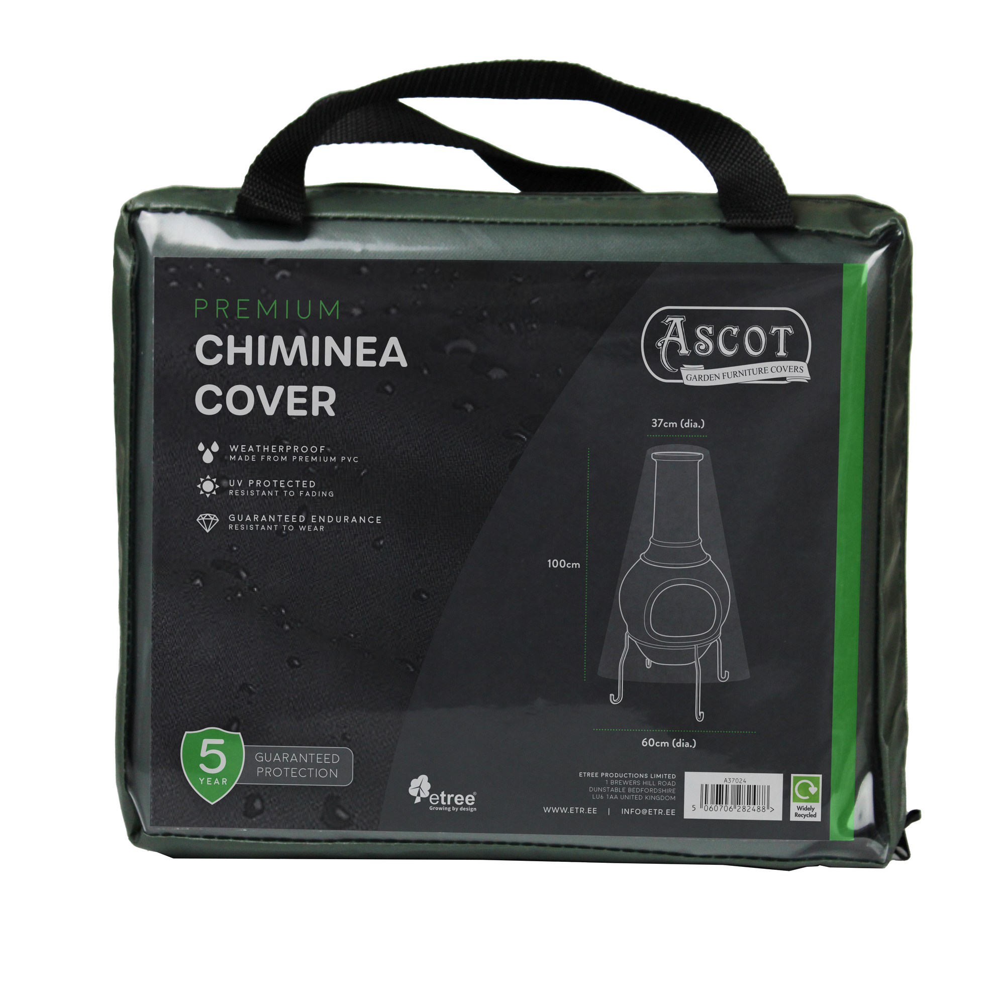 Ascot’s "Premium Chiminea Cover" in green offers waterproof protection with UV-protected PVC and a 5-year guarantee. Ideal for outdoor collections, it measures 37cm x 100cm x 60cm and shields against the elements.