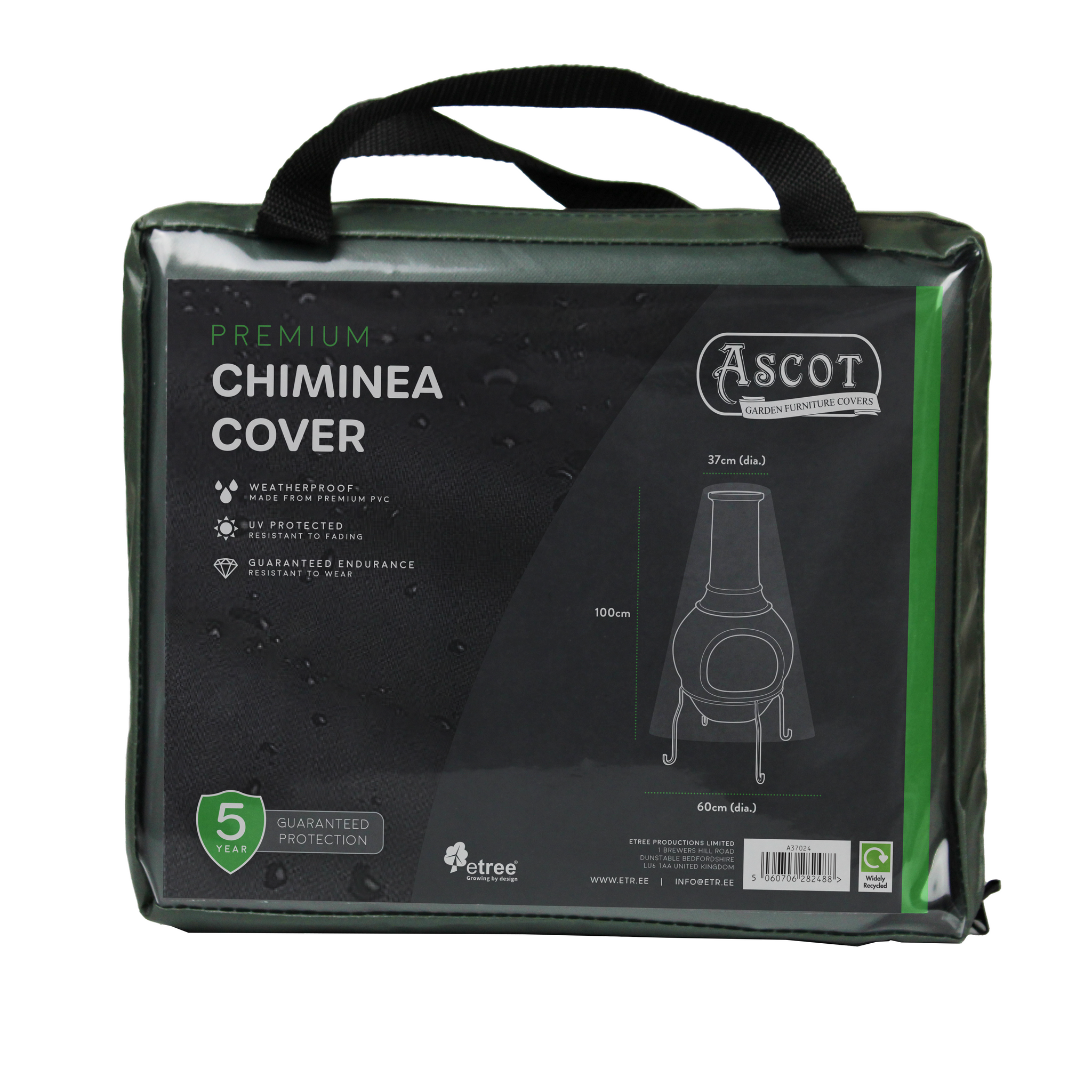 Ascot’s "Premium Chiminea Cover" in green offers waterproof protection with UV-protected PVC and a 5-year guarantee. Ideal for outdoor collections, it measures 37cm x 100cm x 60cm and shields against the elements.