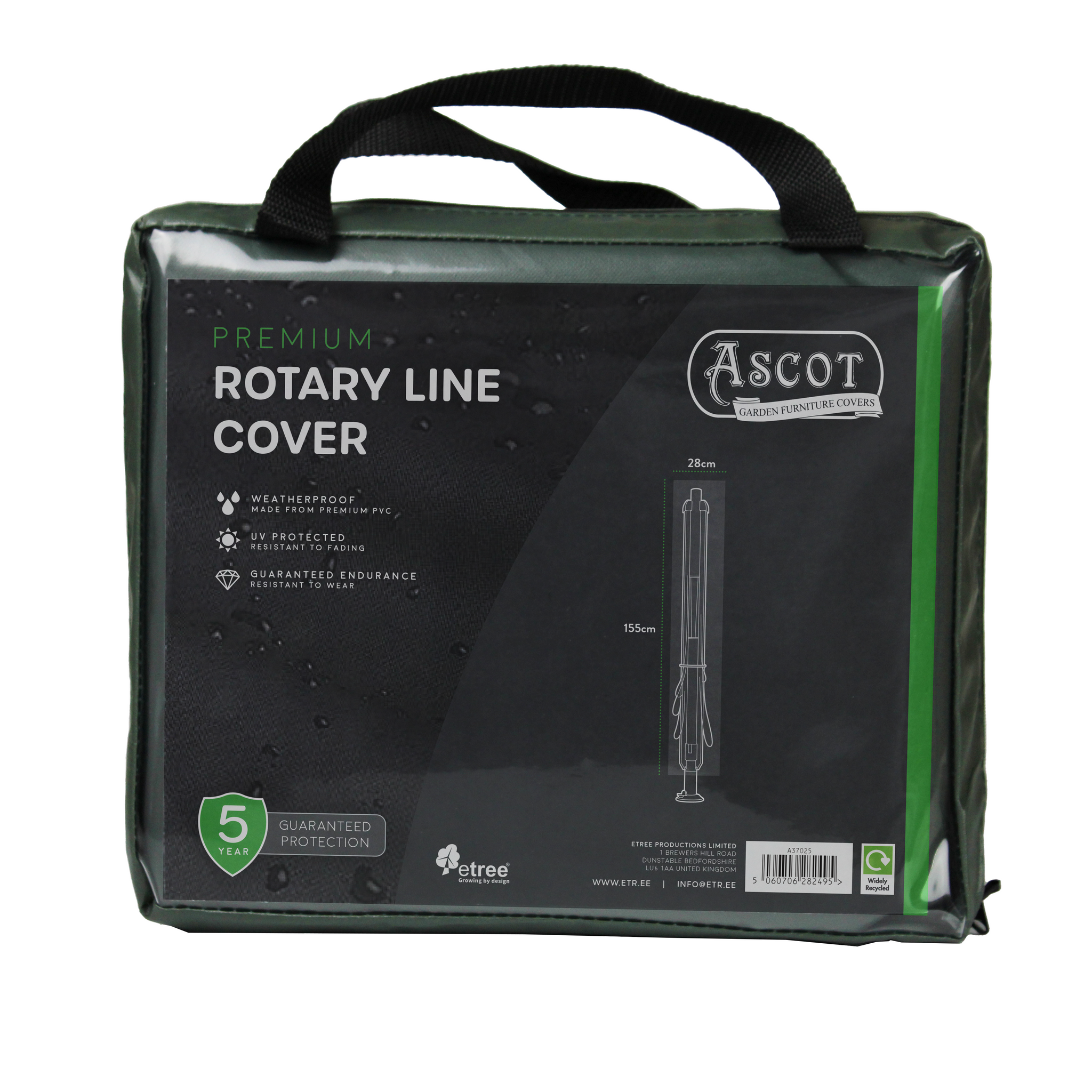 The green Premium Rotary Line Cover (28/28 W X 155 H cm) is made from UV-protected PVC, features waterproof and weatherproof properties, includes a top handle for easy carrying, offers a 5-year guarantee seal, and is ideal for protecting your outdoor furniture.