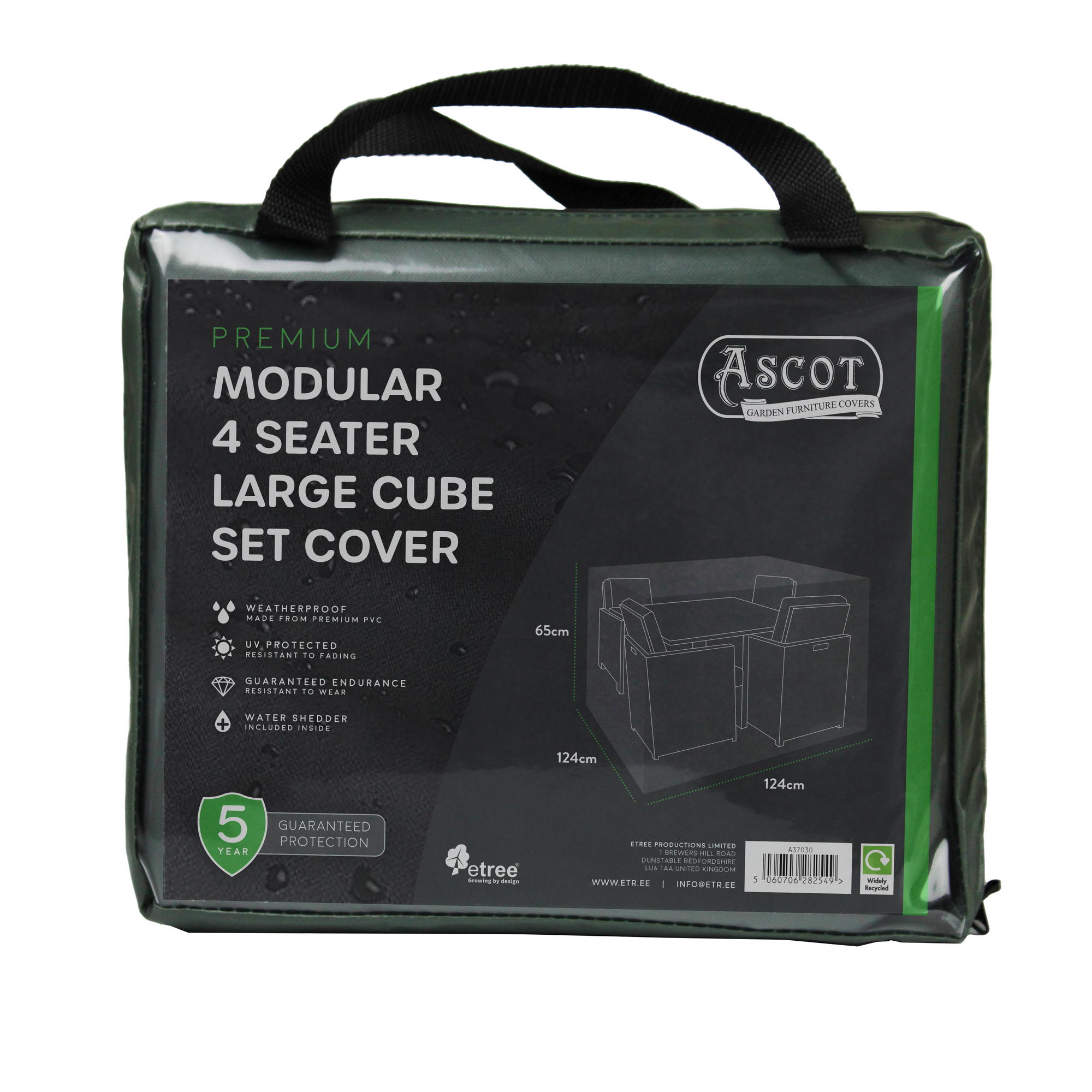 Introducing the green "Premium Modular 4 Seater Cube Set Cover Large - 124 X 124 X 65 H," elegantly packaged with a black handle. It offers waterproof and UV protection for outdoor furniture, along with a reassuring 5-year guarantee badge.