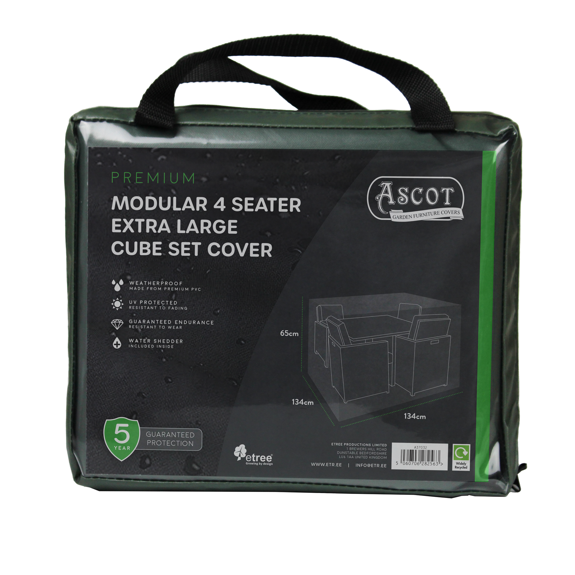The packaging features the "Premium Modular 4 Seater Cube Set Cover XL - 134 X 134 X 65 H," boasting a waterproof design and a 5-year guarantee, highlighted on a green backdrop for superior outdoor furniture protection.