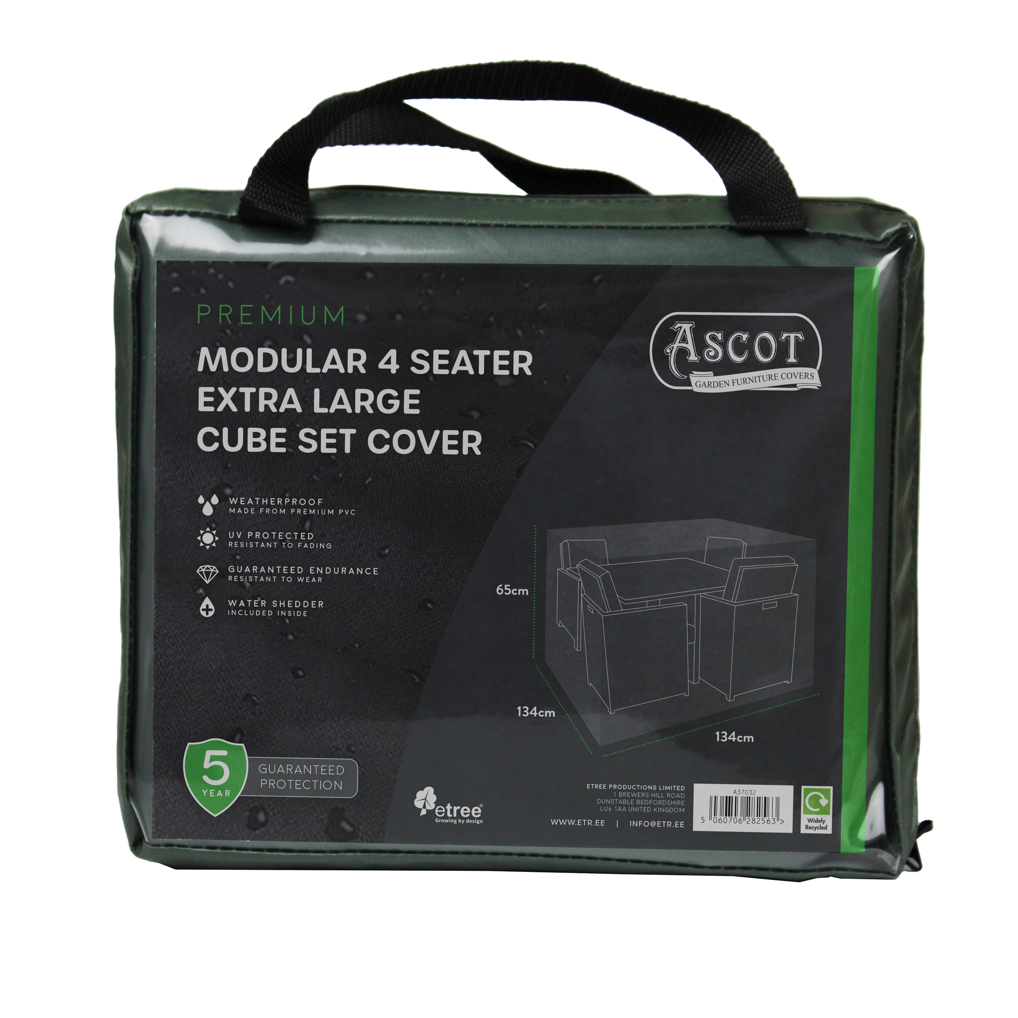 The packaging features the "Premium Modular 4 Seater Cube Set Cover XL - 134 X 134 X 65 H," boasting a waterproof design and a 5-year guarantee, highlighted on a green backdrop for superior outdoor furniture protection.